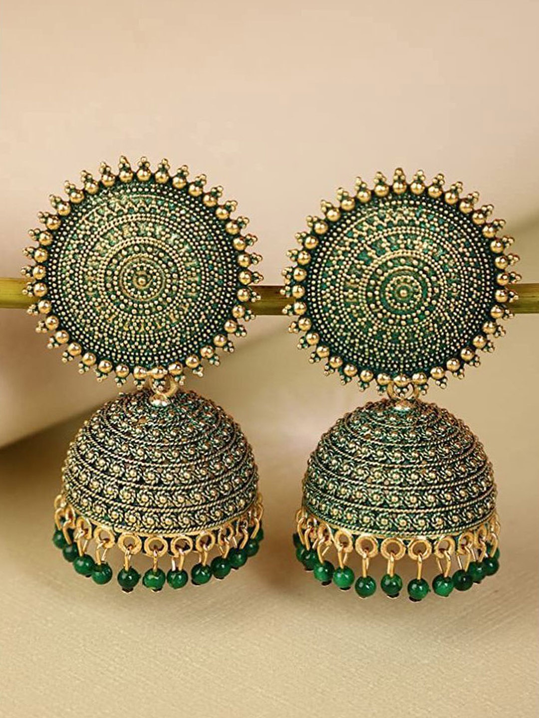 

Fashion Frill Green & Gold-Toned Floral Jhumkas Earrings