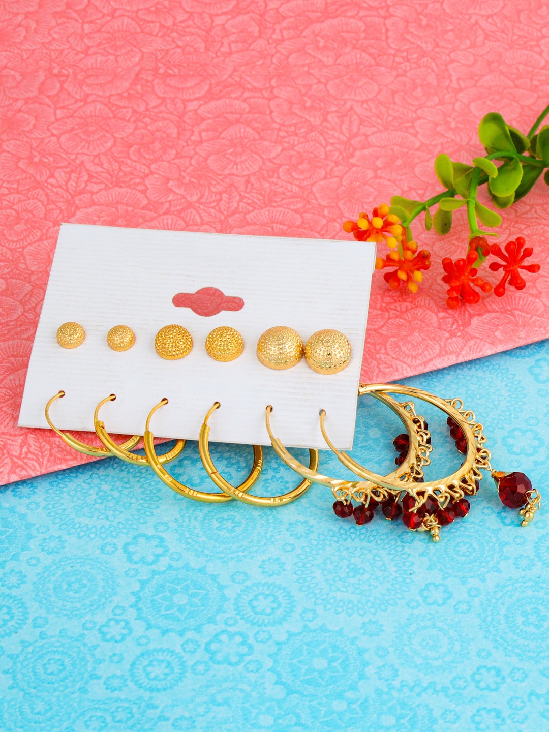 

Fashion Frill Gold-Toned & Maroon Pack Of 6 Circular Studs Earrings