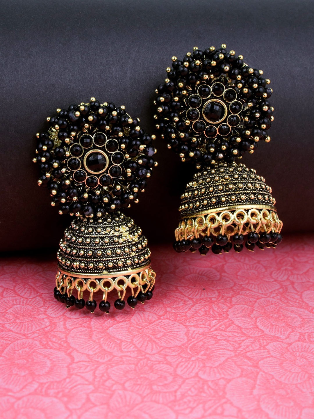 

Fashion Frill Women Black & Gold-Toned Floral Jhumkas Earrings