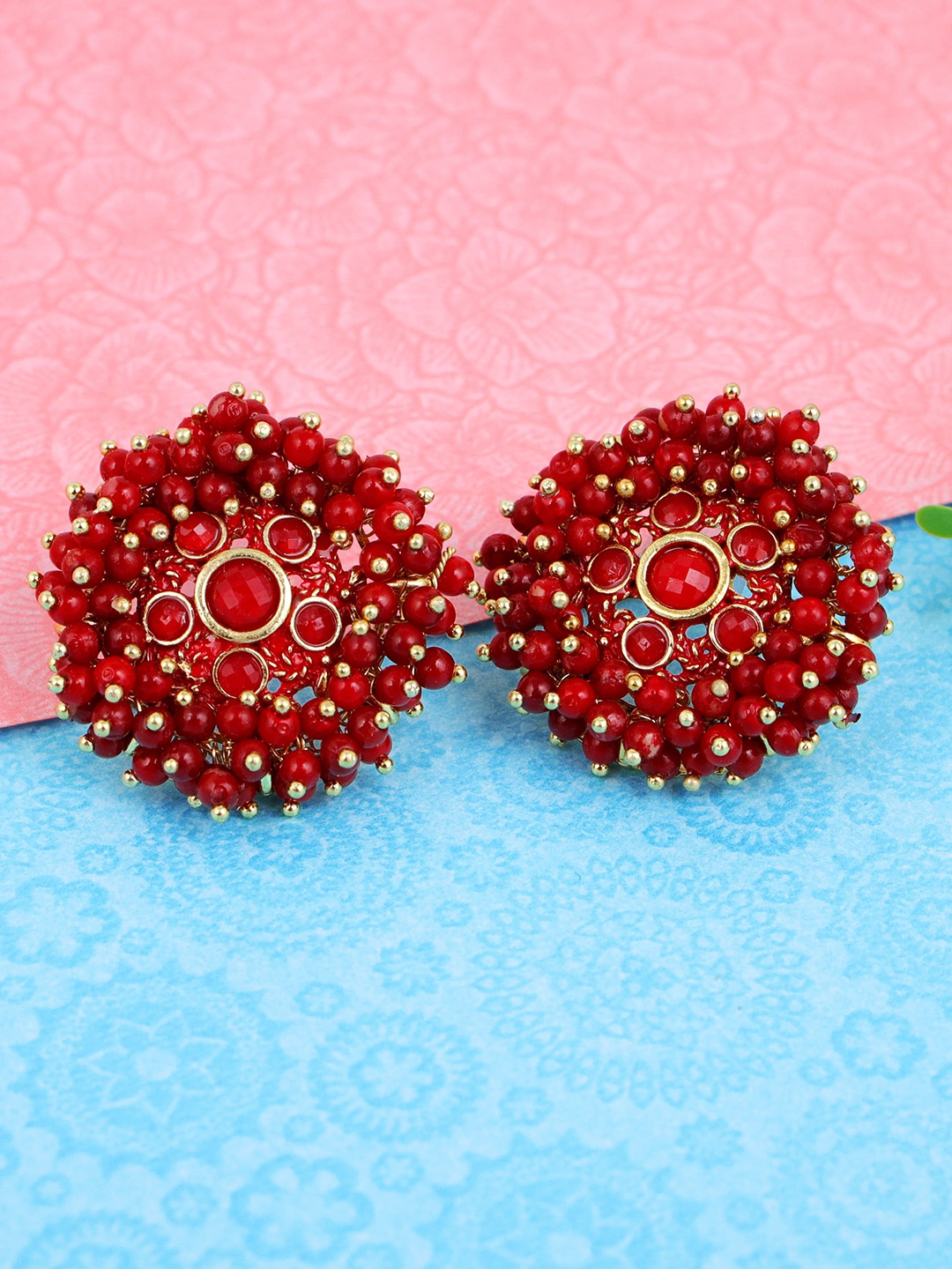 

Fashion Frill Red & Gold-Toned Floral Studs Earrings
