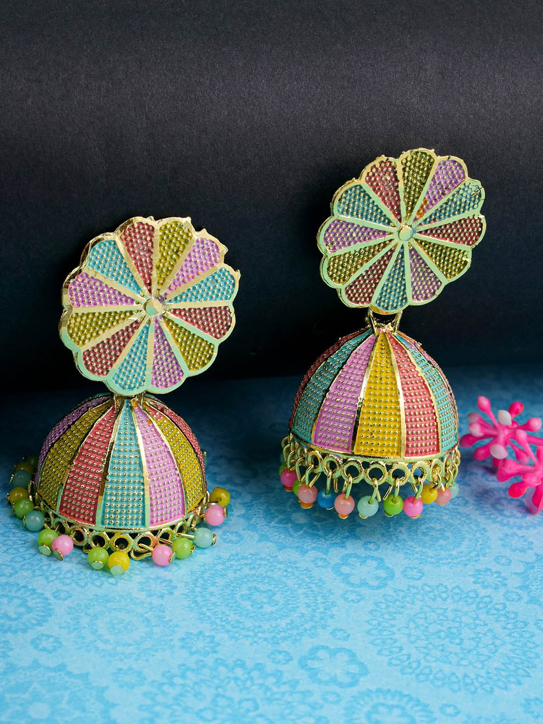 

Fashion Frill Pink & Yellow Dome Shaped Drop Earrings