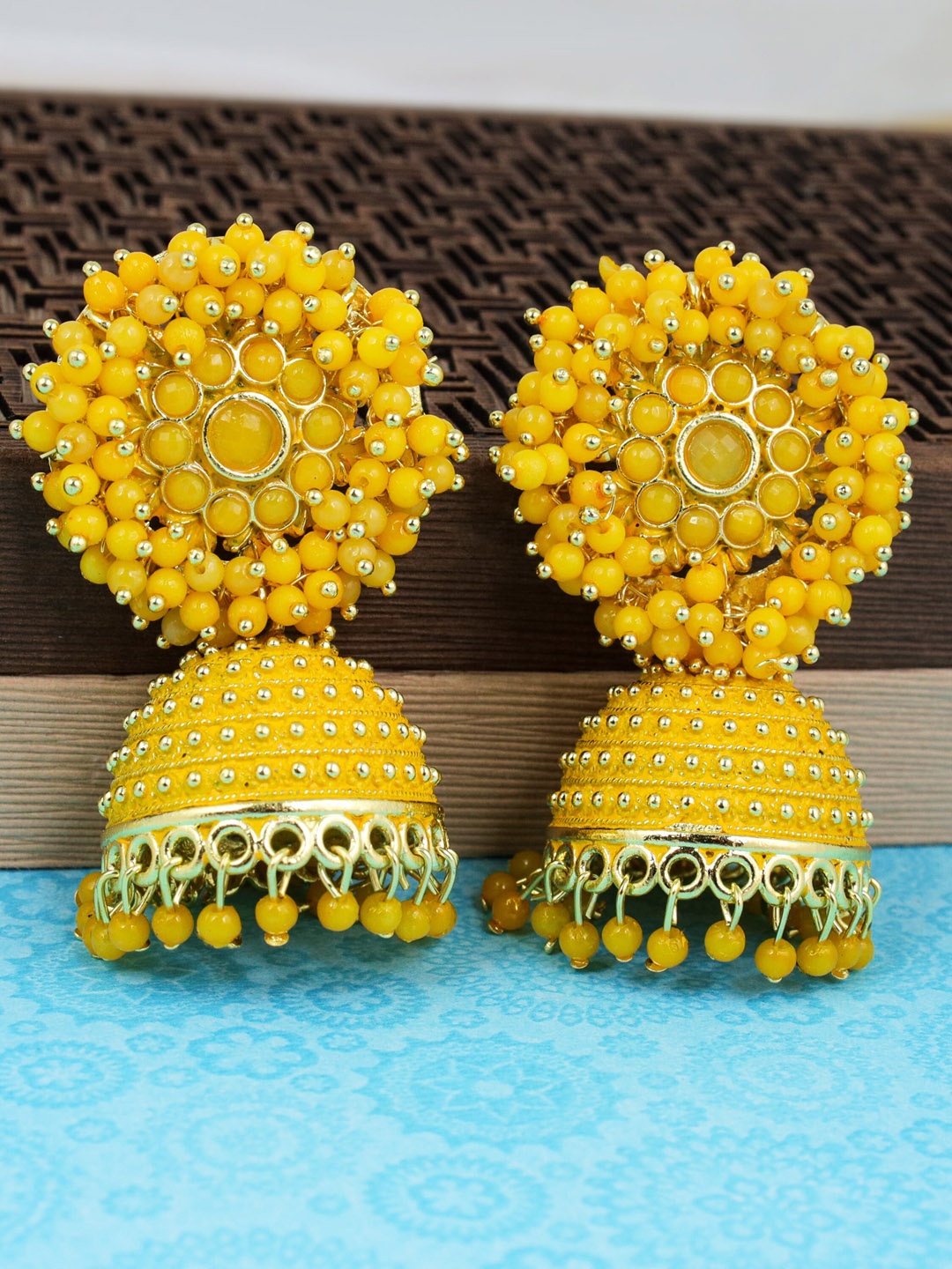 

Fashion Frill Yellow Dome Shaped Jhumkas Earrings