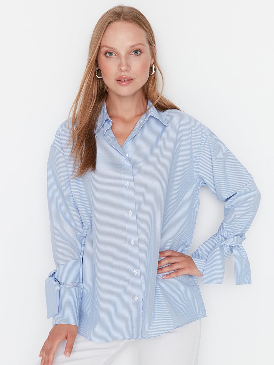 

Trendyol Women Blue Striped Casual Cotton Shirt