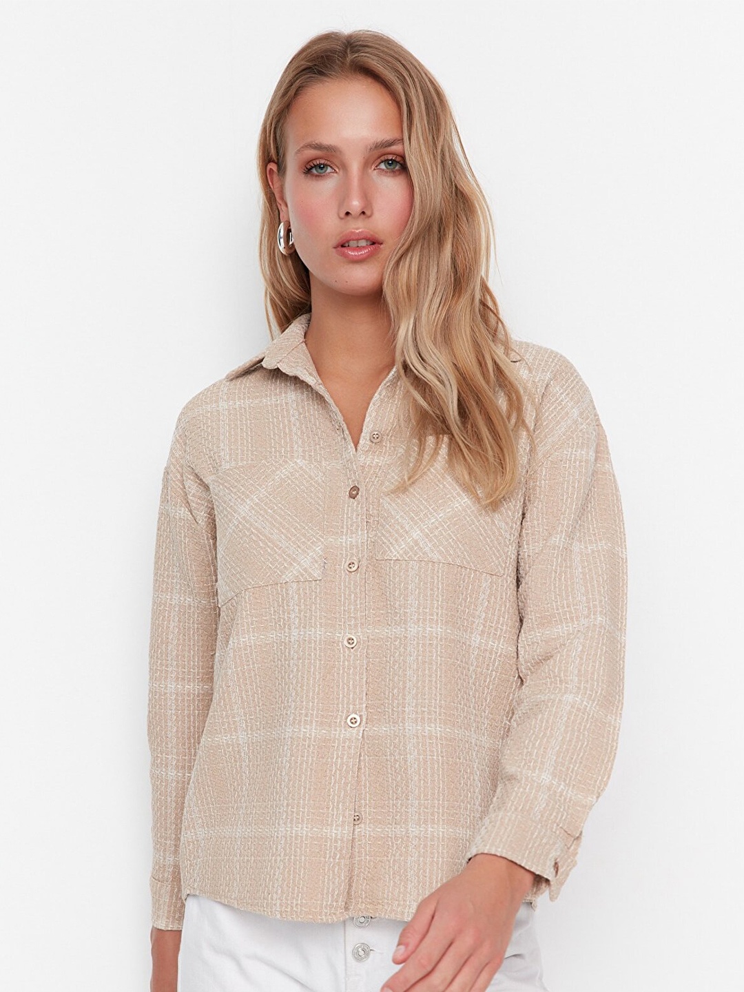 

Trendyol Women Beige Checked Casual Cotton Shirt