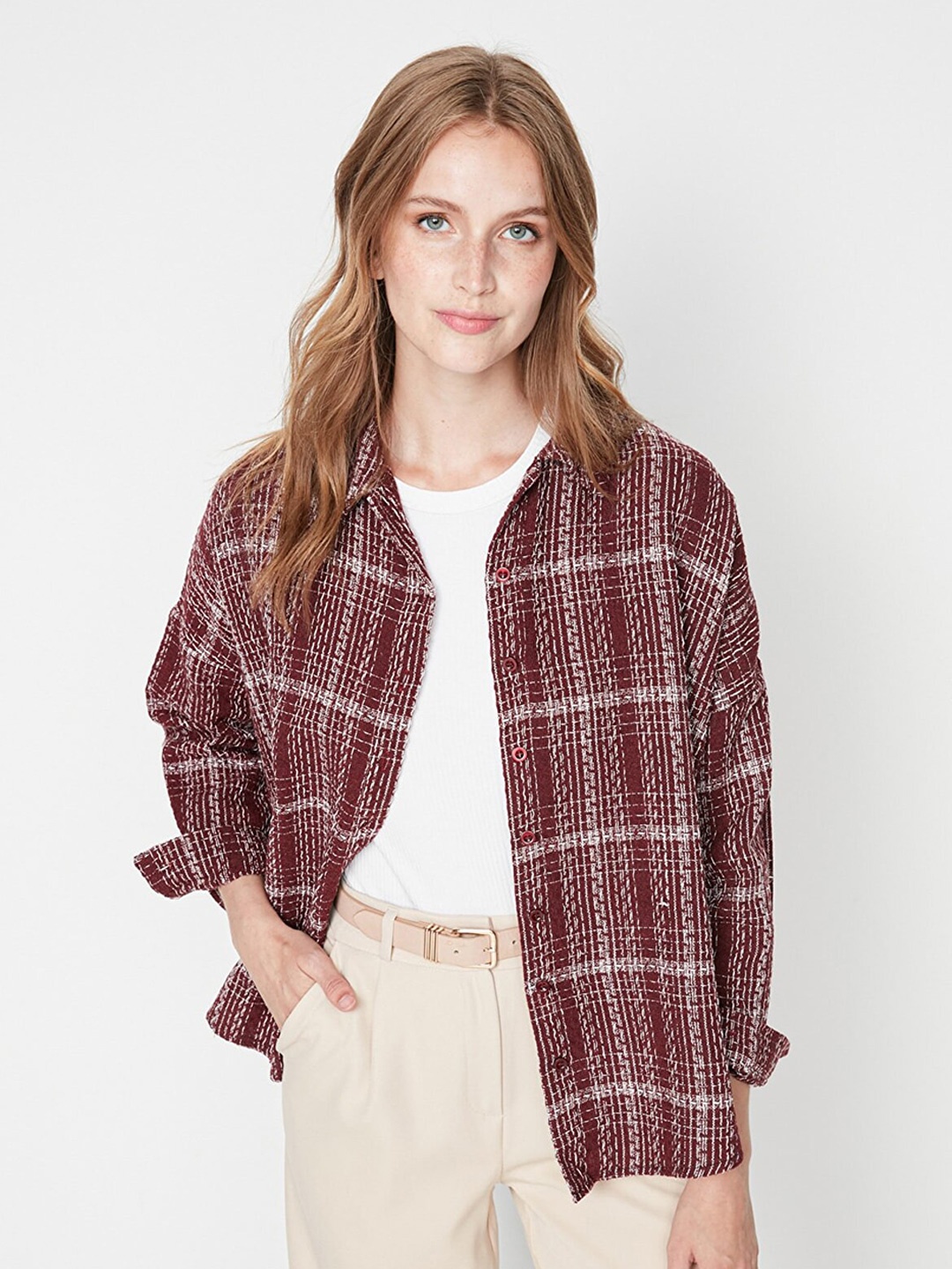 

Trendyol Women Burgundy Checked Casual Cotton Shirt