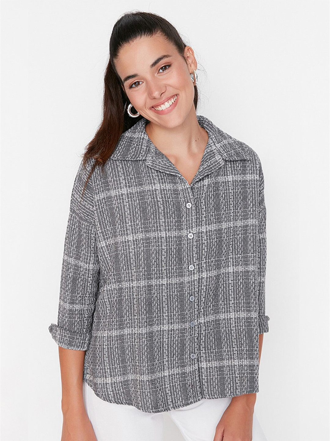 

Trendyol Women Grey Self Design Casual Shirt
