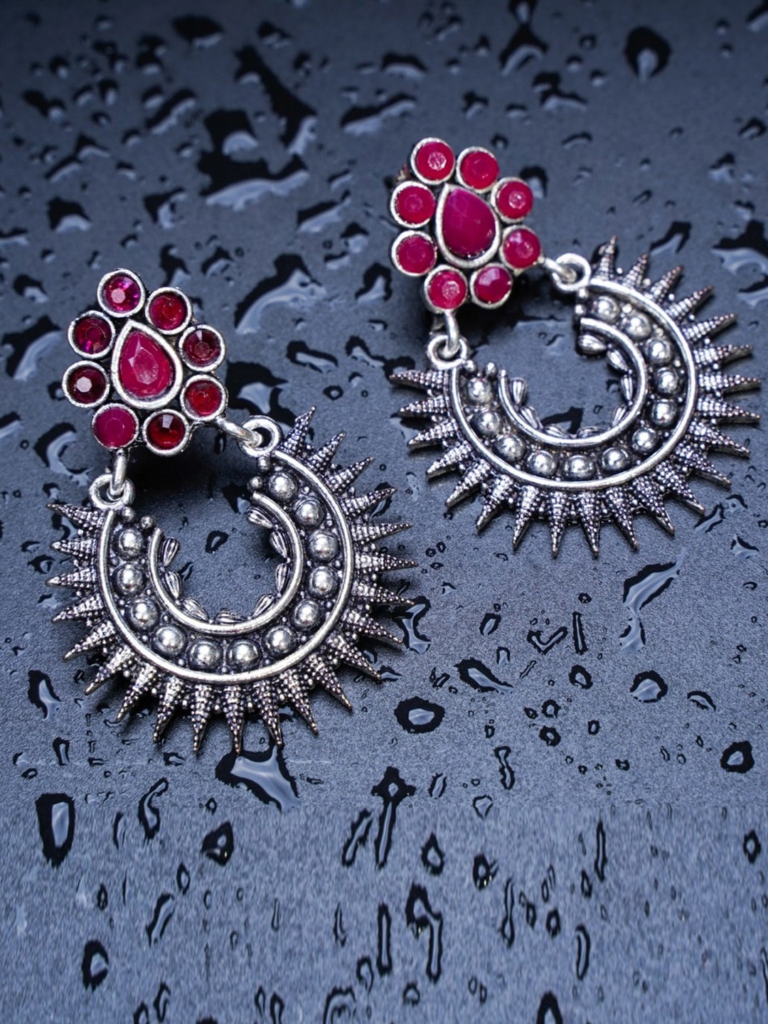 

Indi INSIDE Pink & Silver-Plated Oxidised Circular Chandbalis Earrings