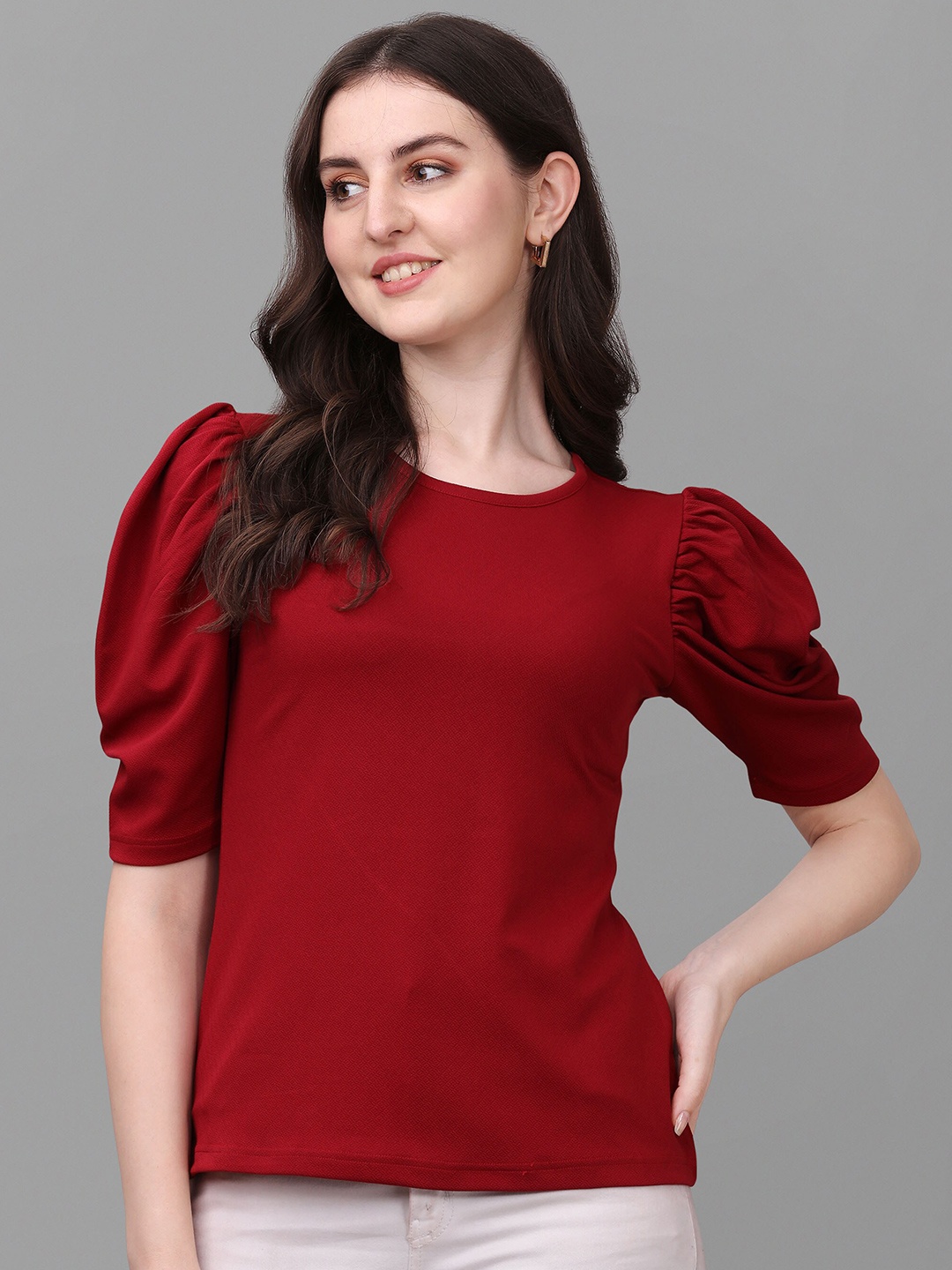 

VeBNoR Women Maroon Solid Half Sleeve Top