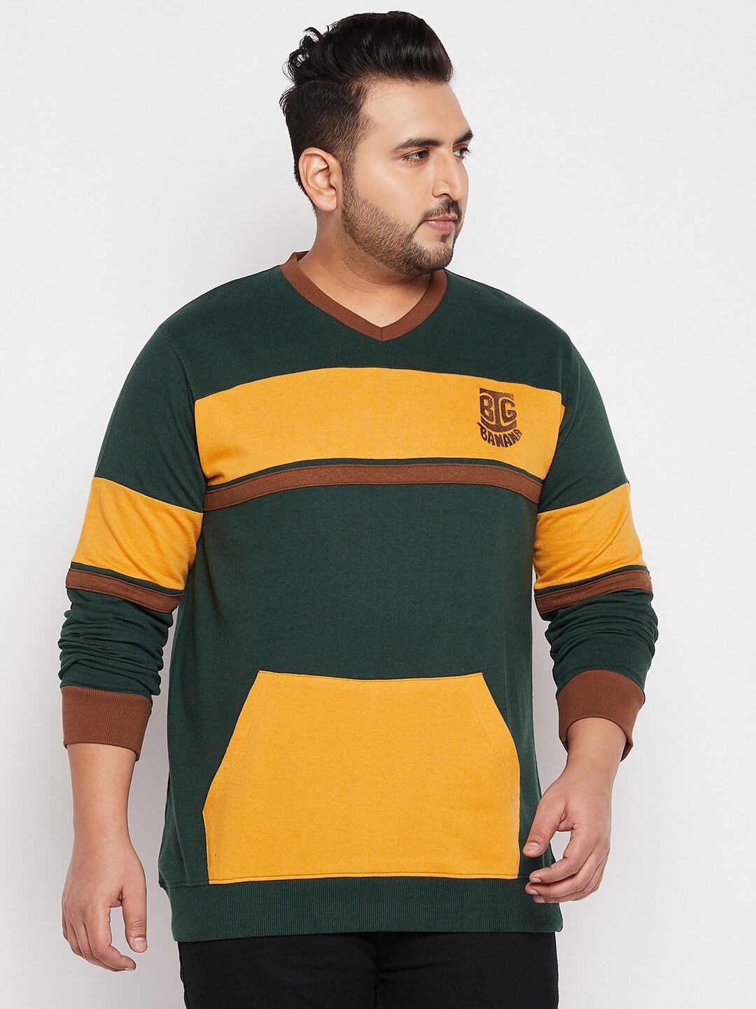 bigbanana Men Plus Size Olive Green Colourblocked Anti Odour Sweatshirt