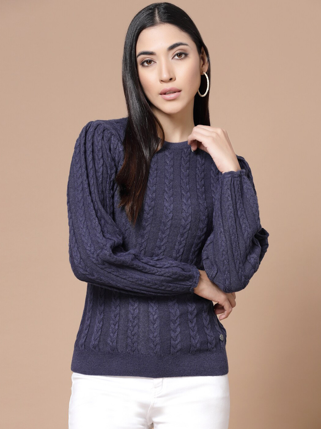 

Wool Trees Women Blue Cable Knit Acrylic Pullover