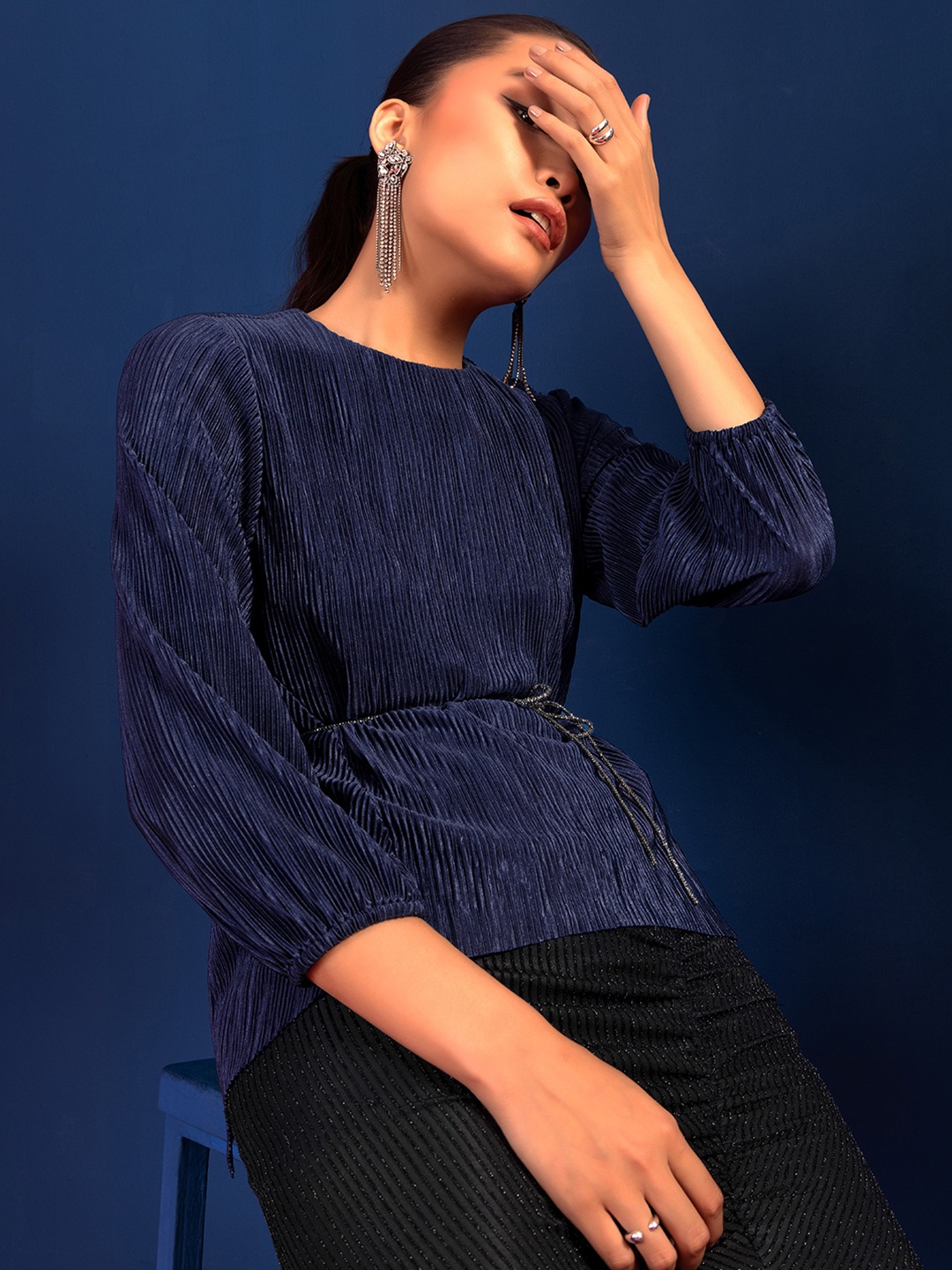 

FabAlley Pleated Top With Embellished Belt, Navy blue