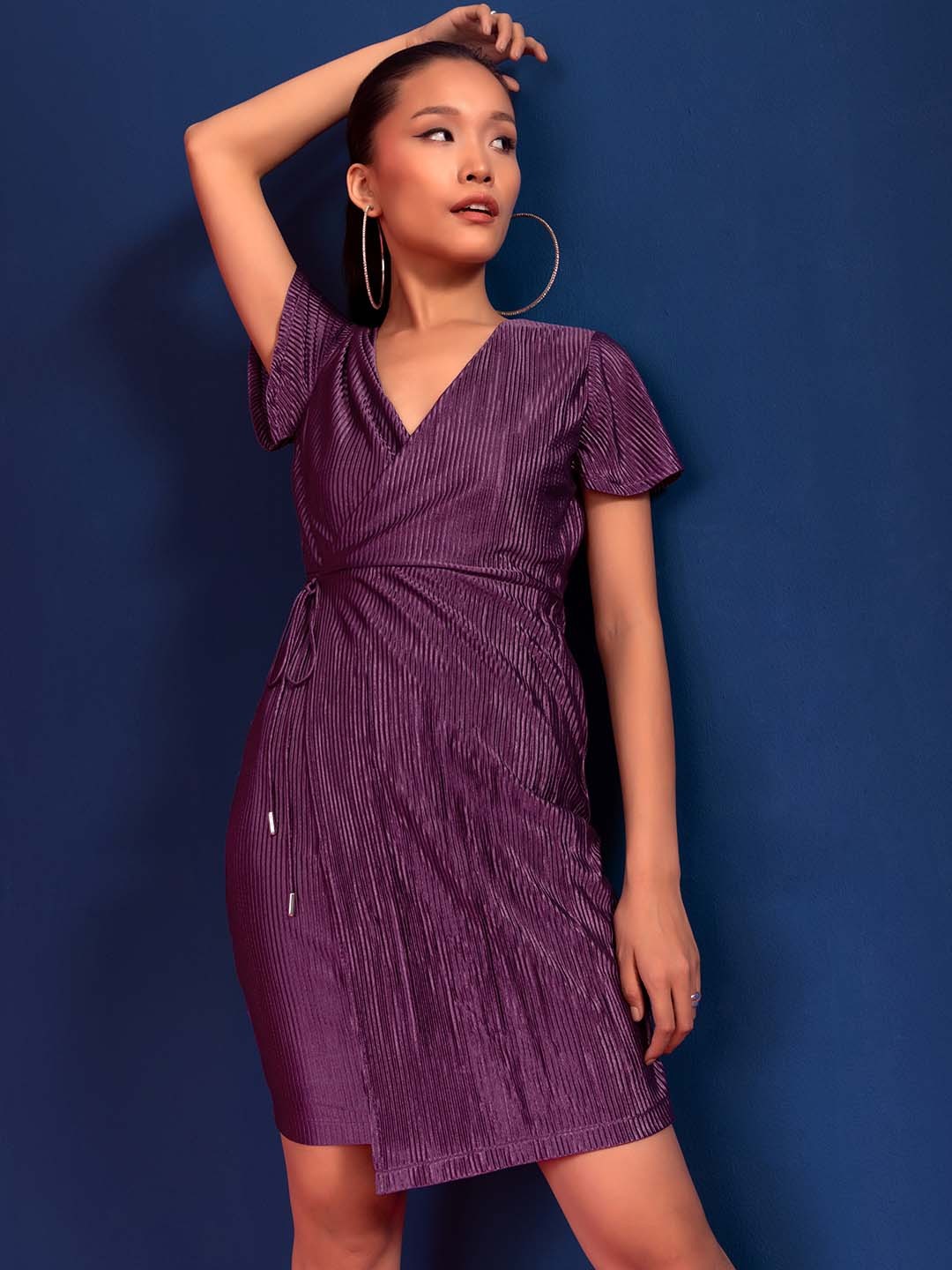 

FabAlley Pleated Side Tie Wrap Dress, Purple
