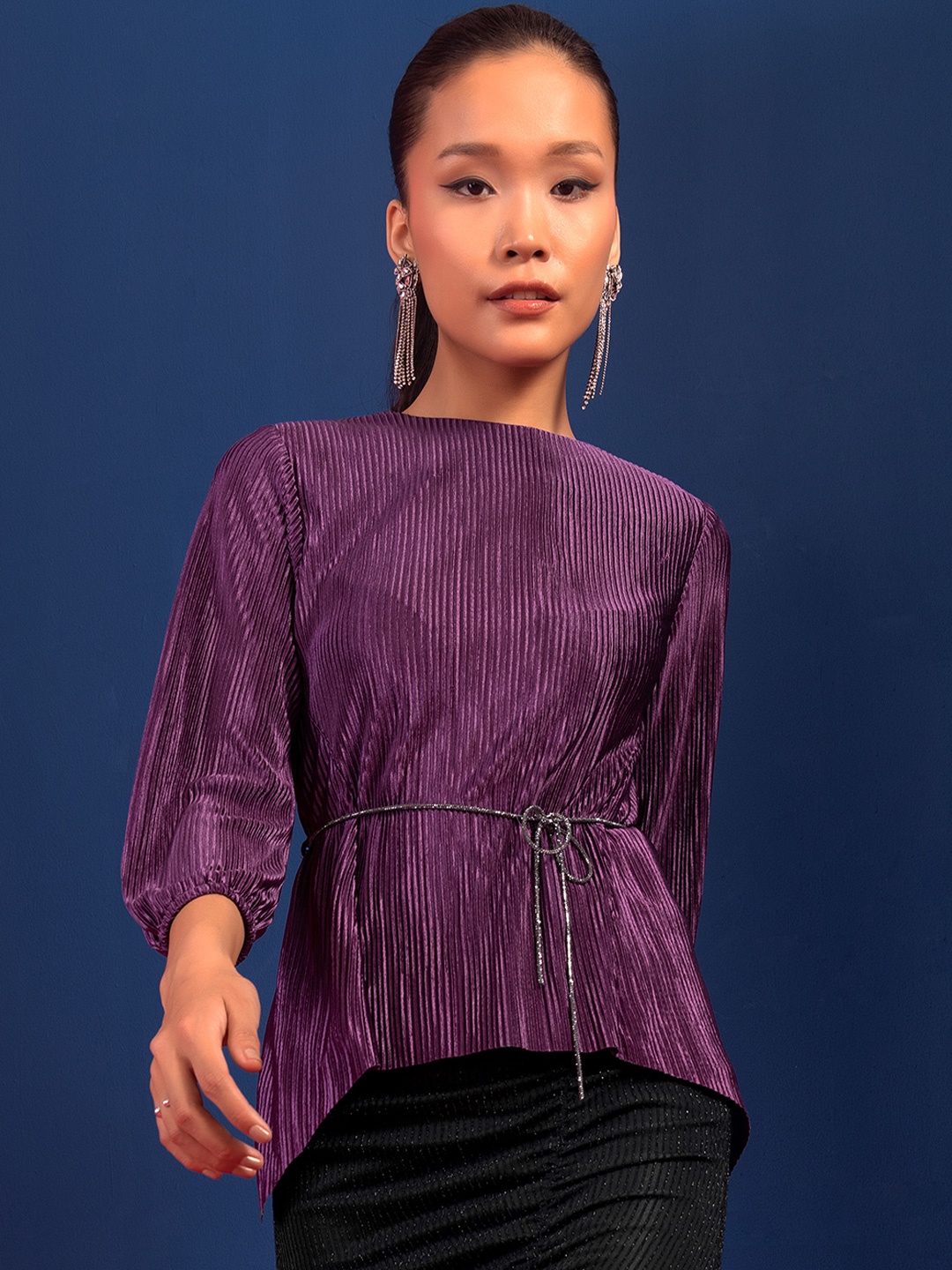 

FabAlley Pleated Top With Embellished Belt, Purple