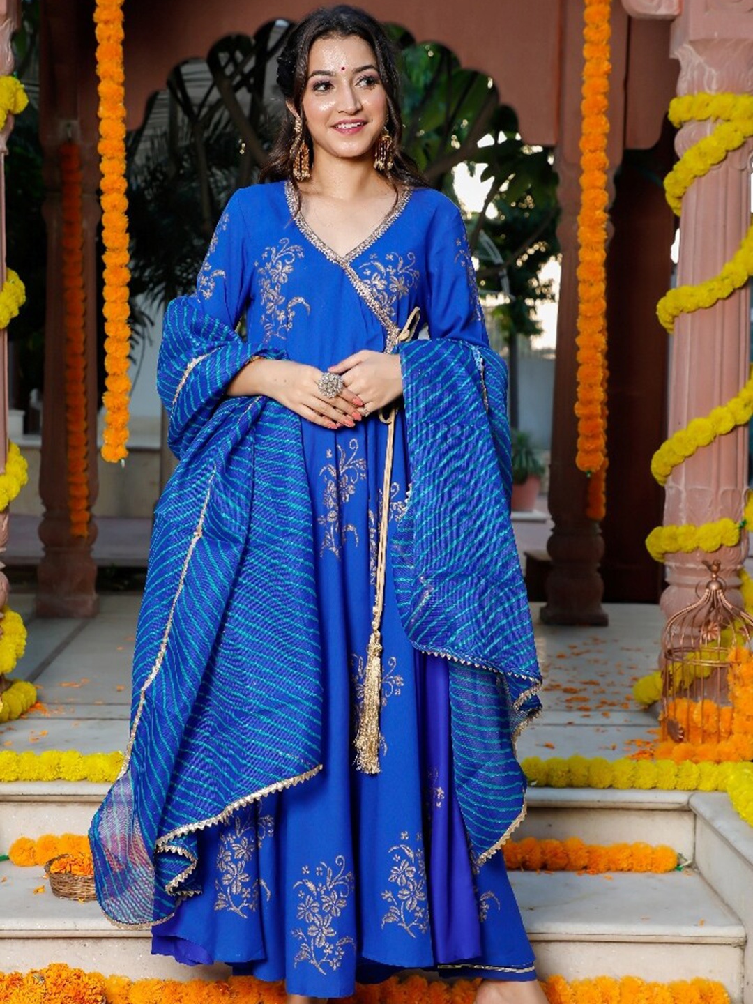 

Indi INSIDE Women Blue Floral Printed Angrakha Gotta Patti Kurta with Trousers & With Dupatta