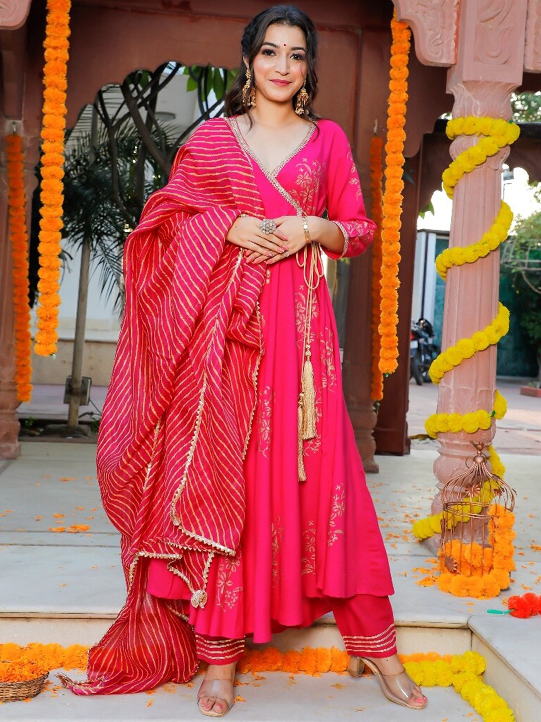 

Indi INSIDE Women Floral Printed Angrakha Kurta with Trousers & Dupatta, Pink