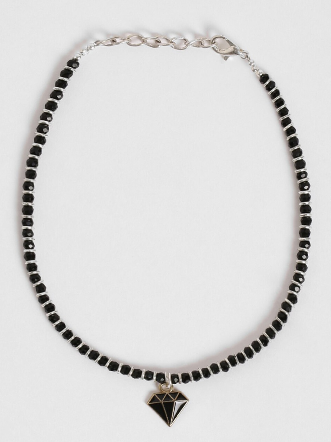 

EL REGALO Black & Silver-Toned Beaded Diamond Charm Anklets