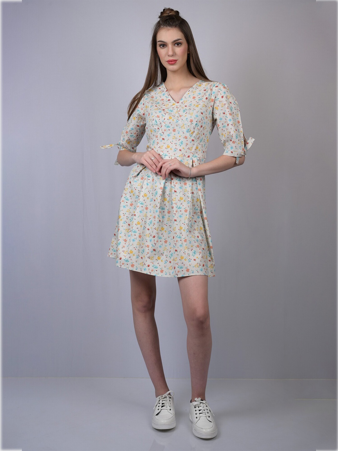 

OWO THE LABEL Women Off White Floral Cotton A-Line Dress