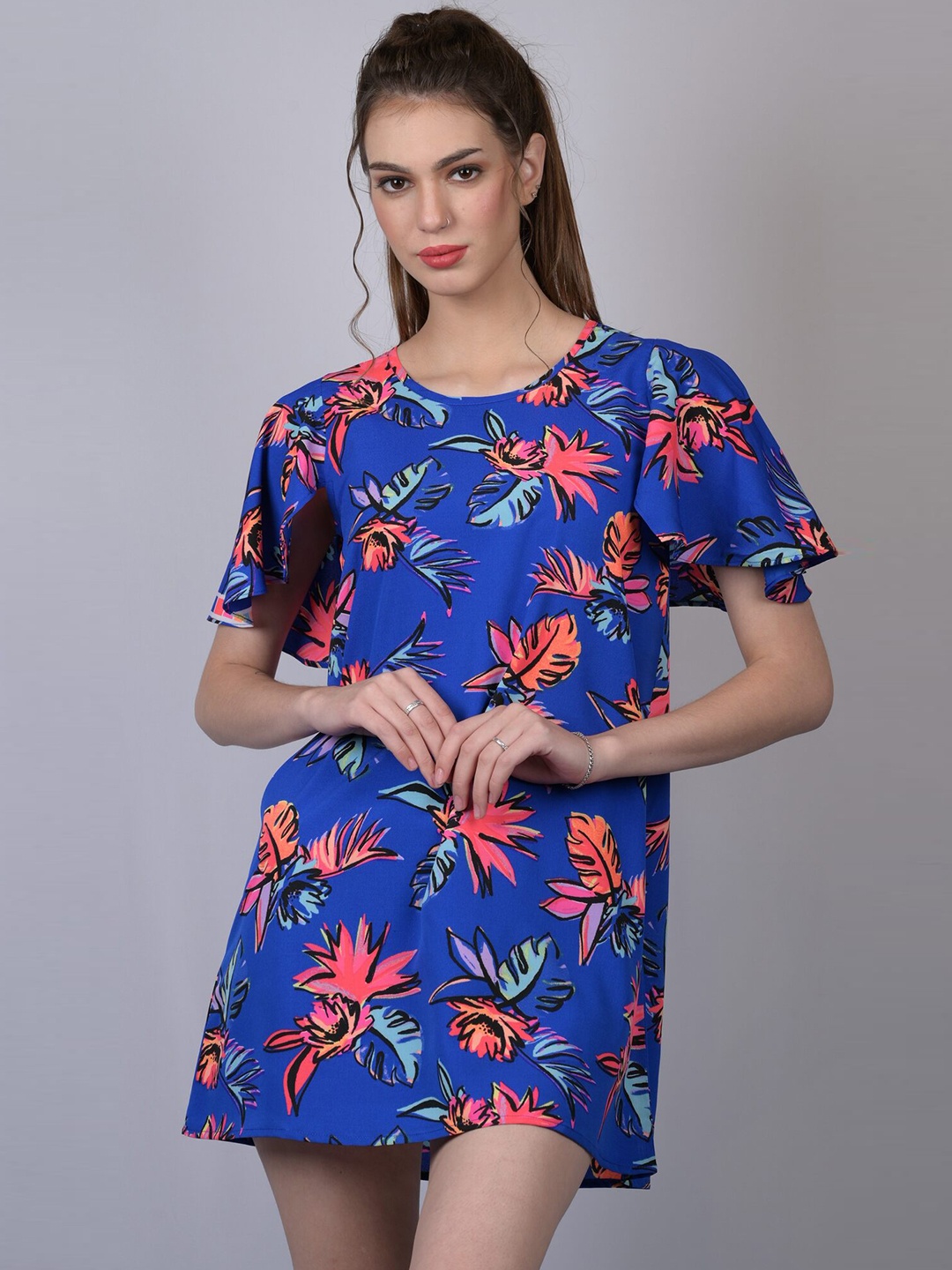 

OWO THE LABEL Women Blue Tropical A-Line Mini Dress