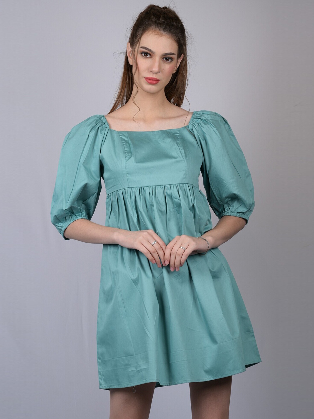 

OWO THE LABEL Women Turquoise Blue Cotton Empire Dress