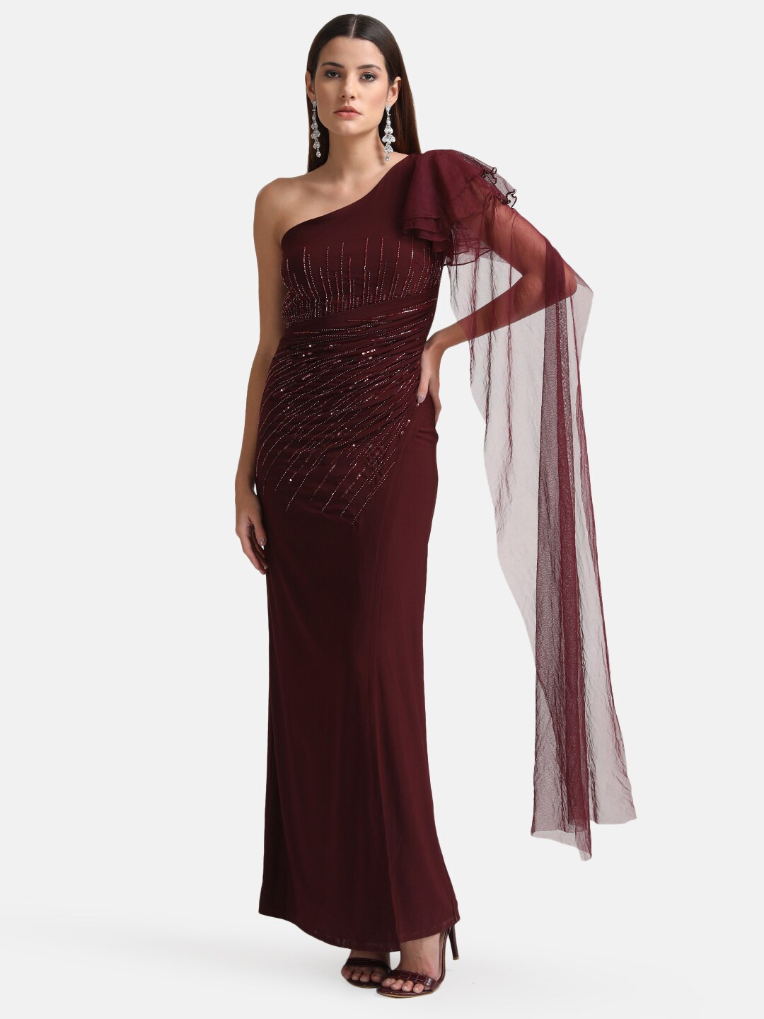 

Kazo Maroon Embellished One Shoulder Maxi Maxi Dress