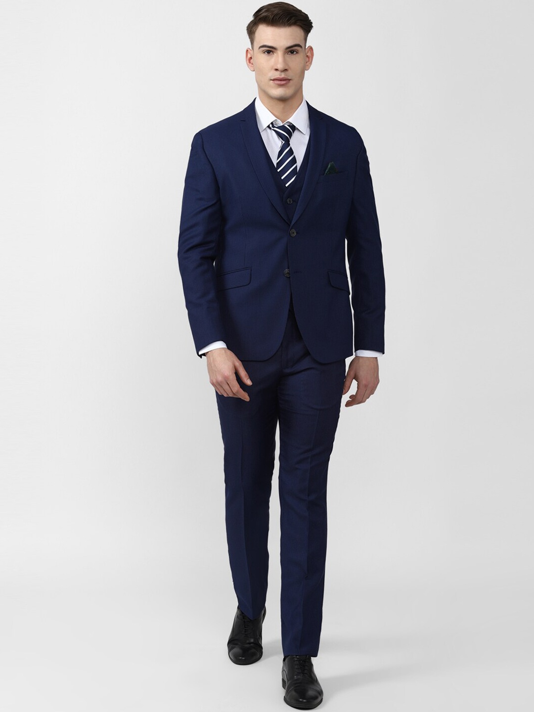 

V Dot Men Blue Solid Single-Breasted Three Piece Suits