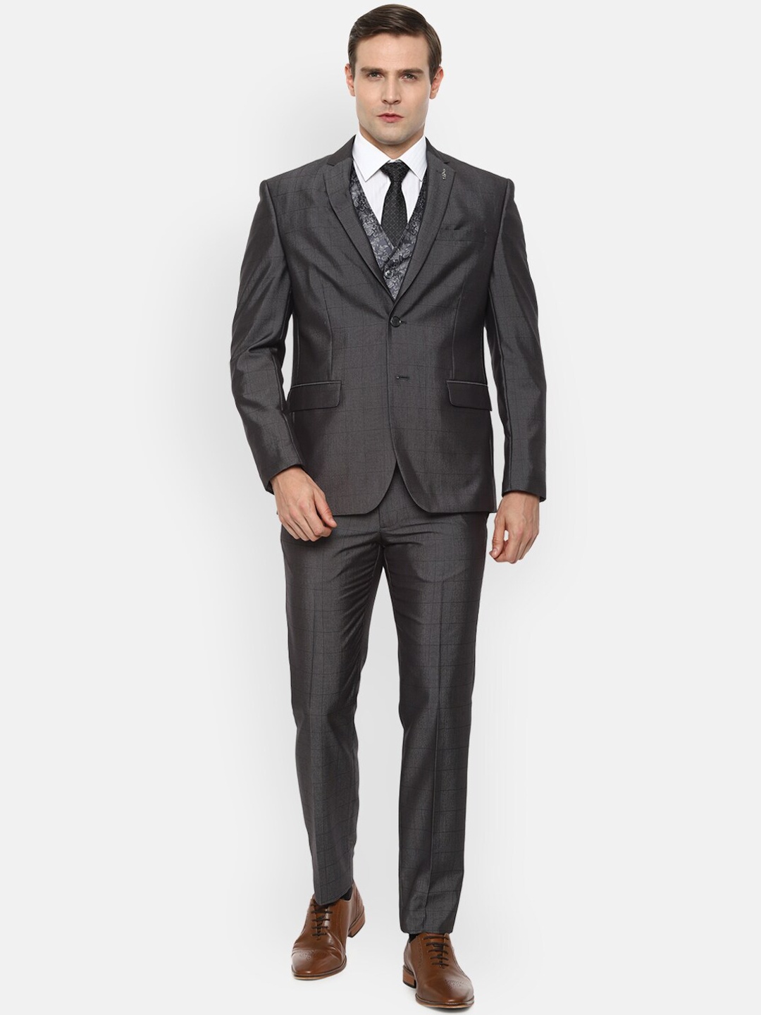 

Van Heusen Men Grey Checked Single-Breasted Slim-Fit Three-Piece Suit