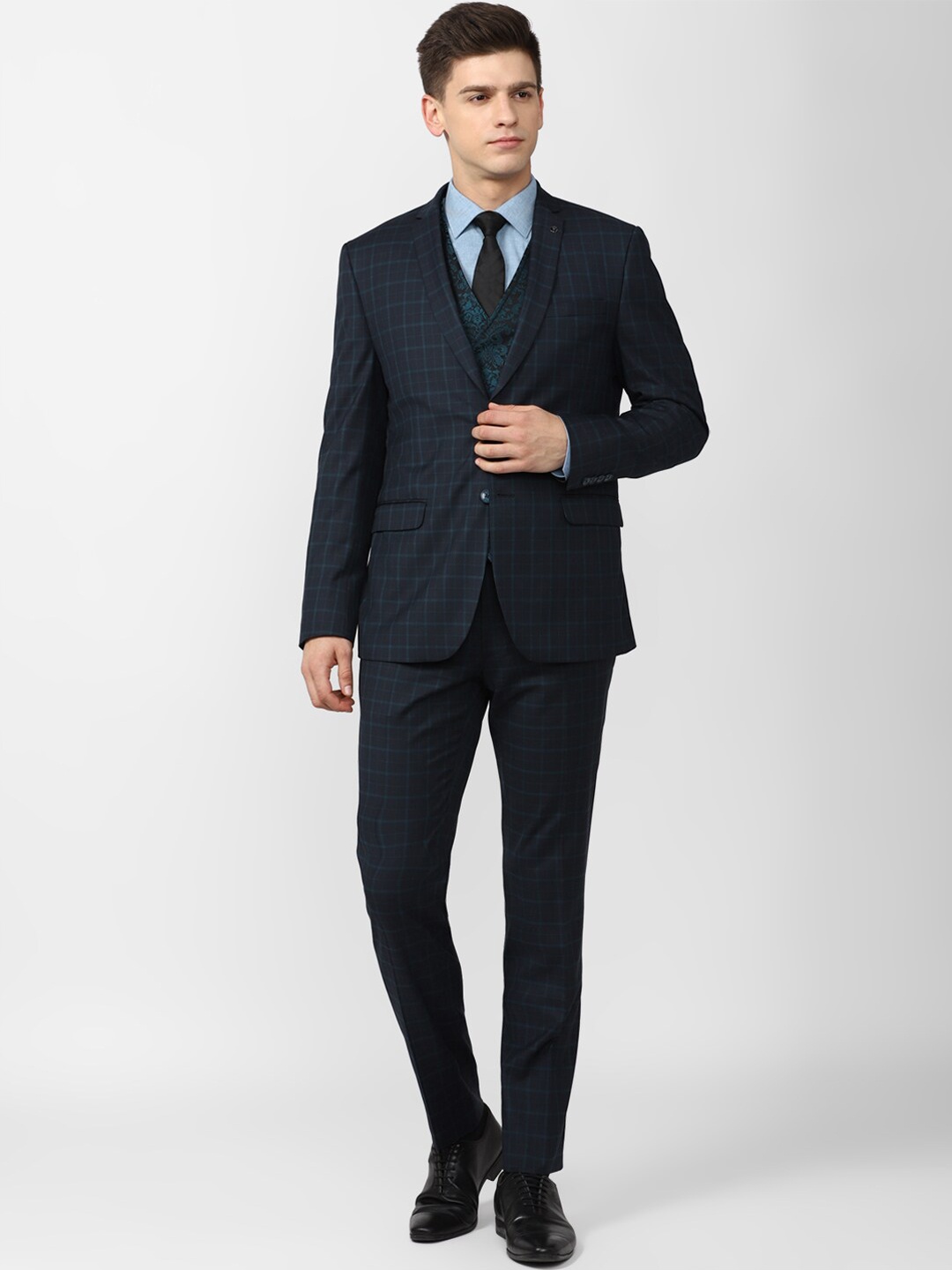 

Van Heusen Men Navy Blue Checked Single-Breasted Slim-Fit Four-Piece Suit