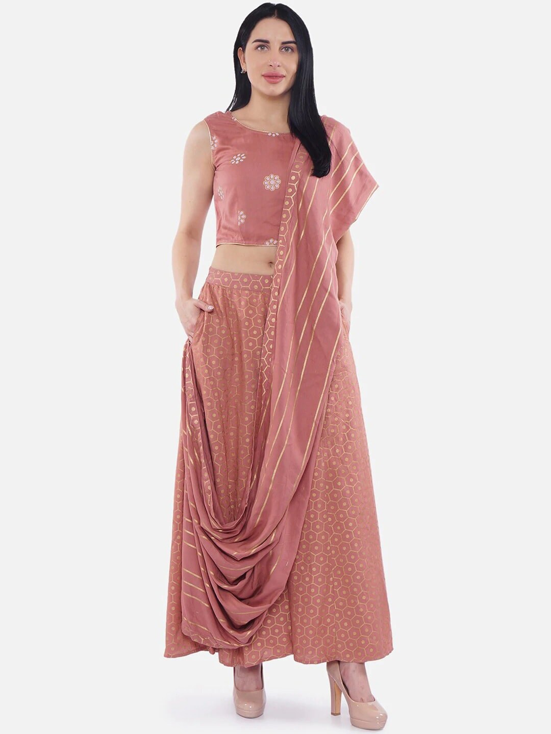 

Be Indi Women Peach-Coloured Printed Top with Palazzos & Dupatta