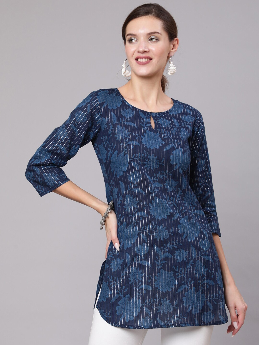 

Nayo Floral Printed Straight Tunic, Navy blue