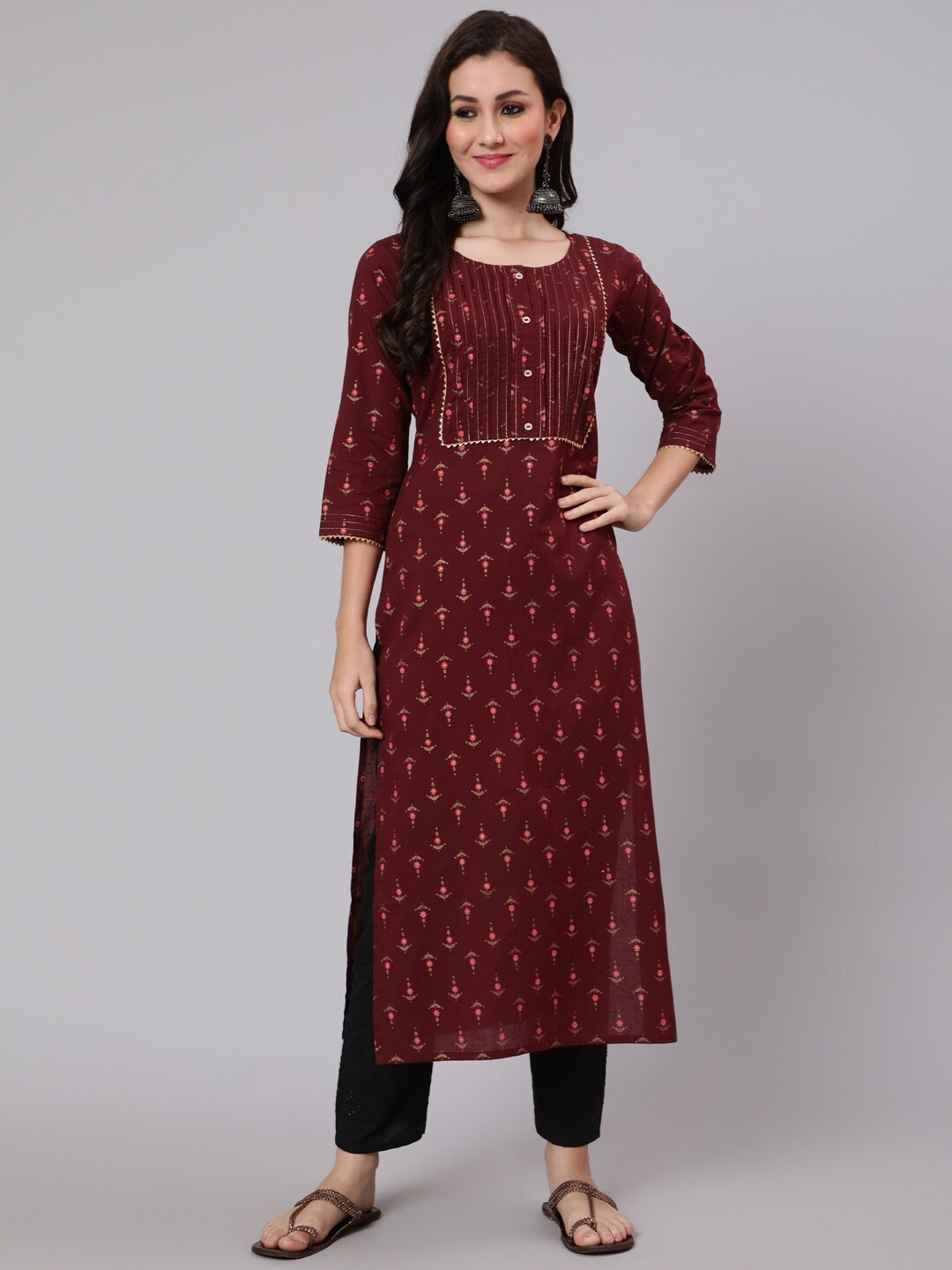 

Nayo Geometric Printed Thread Work Straight Cotton Kurta, Burgundy
