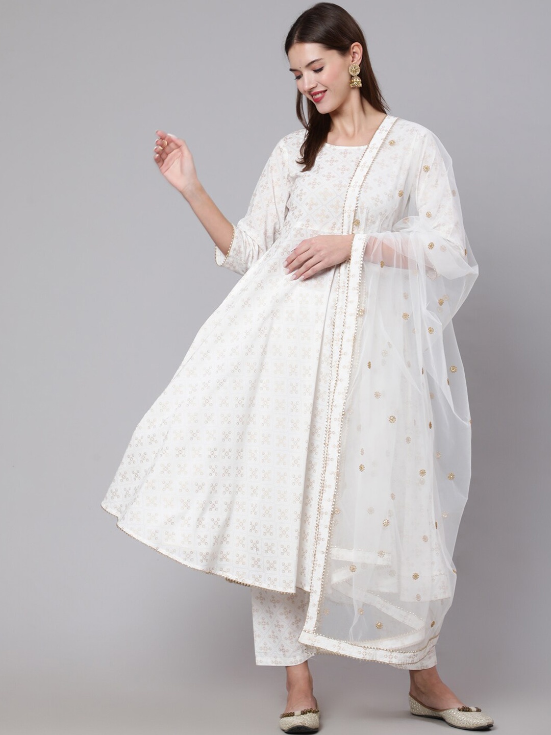 

Nayo Women Off White Ethnic Motifs Printed Pure Cotton Kurta with Trousers & With Dupatta