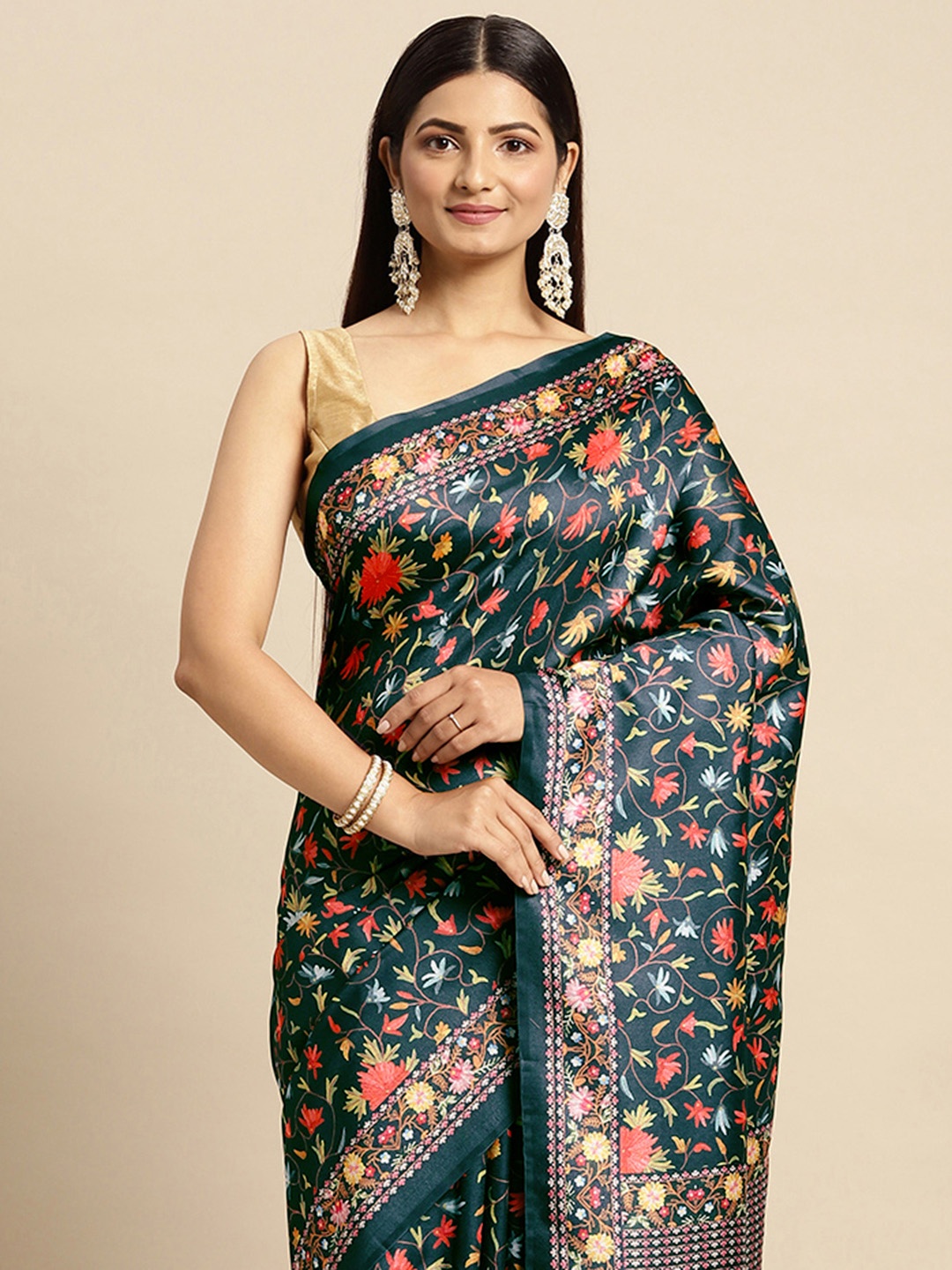 

Mitera Black & Red Floral Pashmina Silk Saree