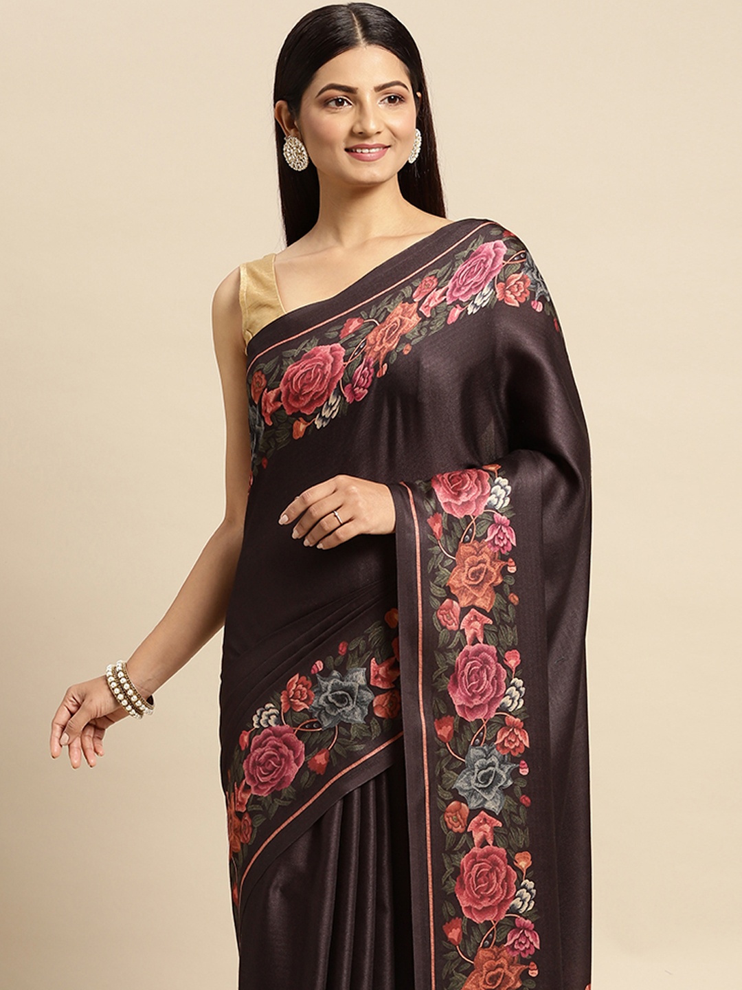 

Mitera Black & Red Floral Pashmina Silk Saree