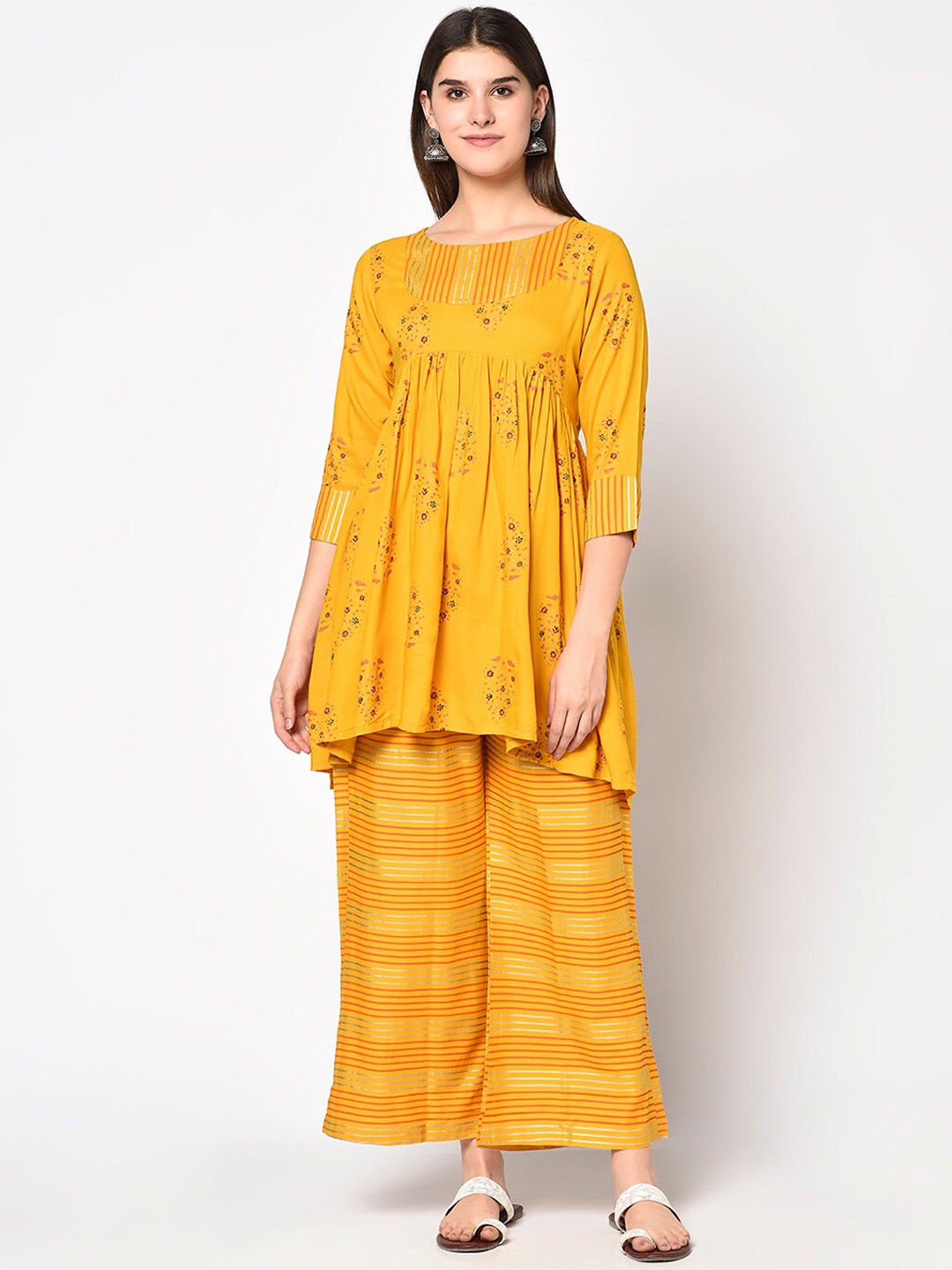 

KALINI Women Mustard Yellow Floral Printed Empire Gotta Patti Top with Palazzos