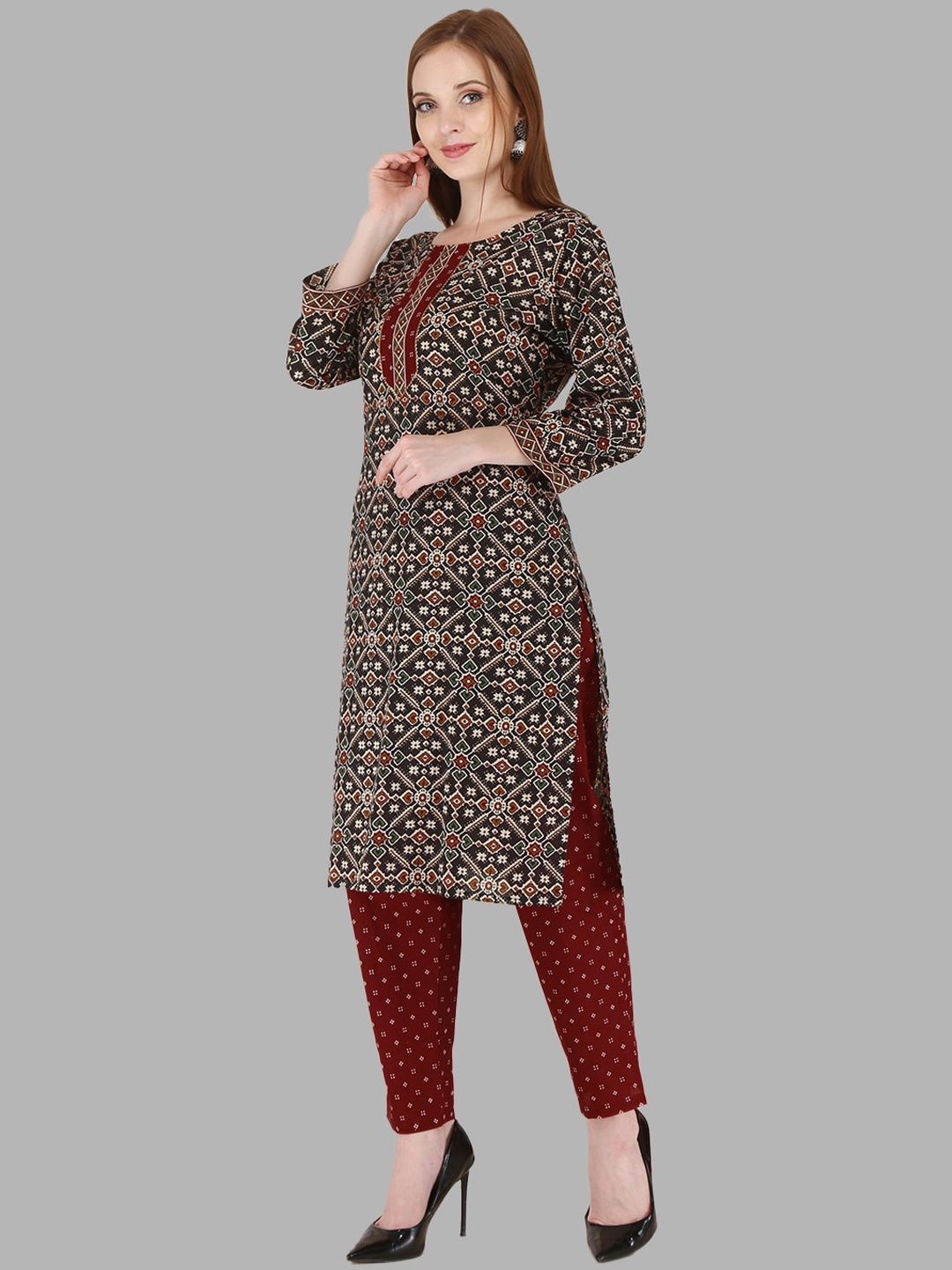 

KALINI Women Maroon Ethnic Motifs Printed Pure Cotton Kurta with Trousers