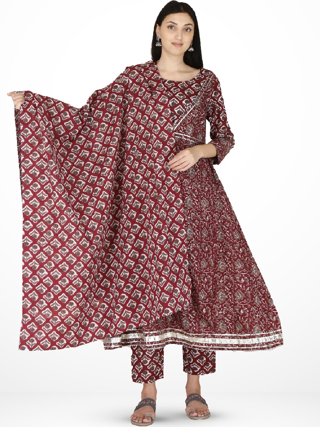 

KALINI Women Brown Ethnic Motifs Printed Pure Cotton Kurta with Trousers & With Dupatta