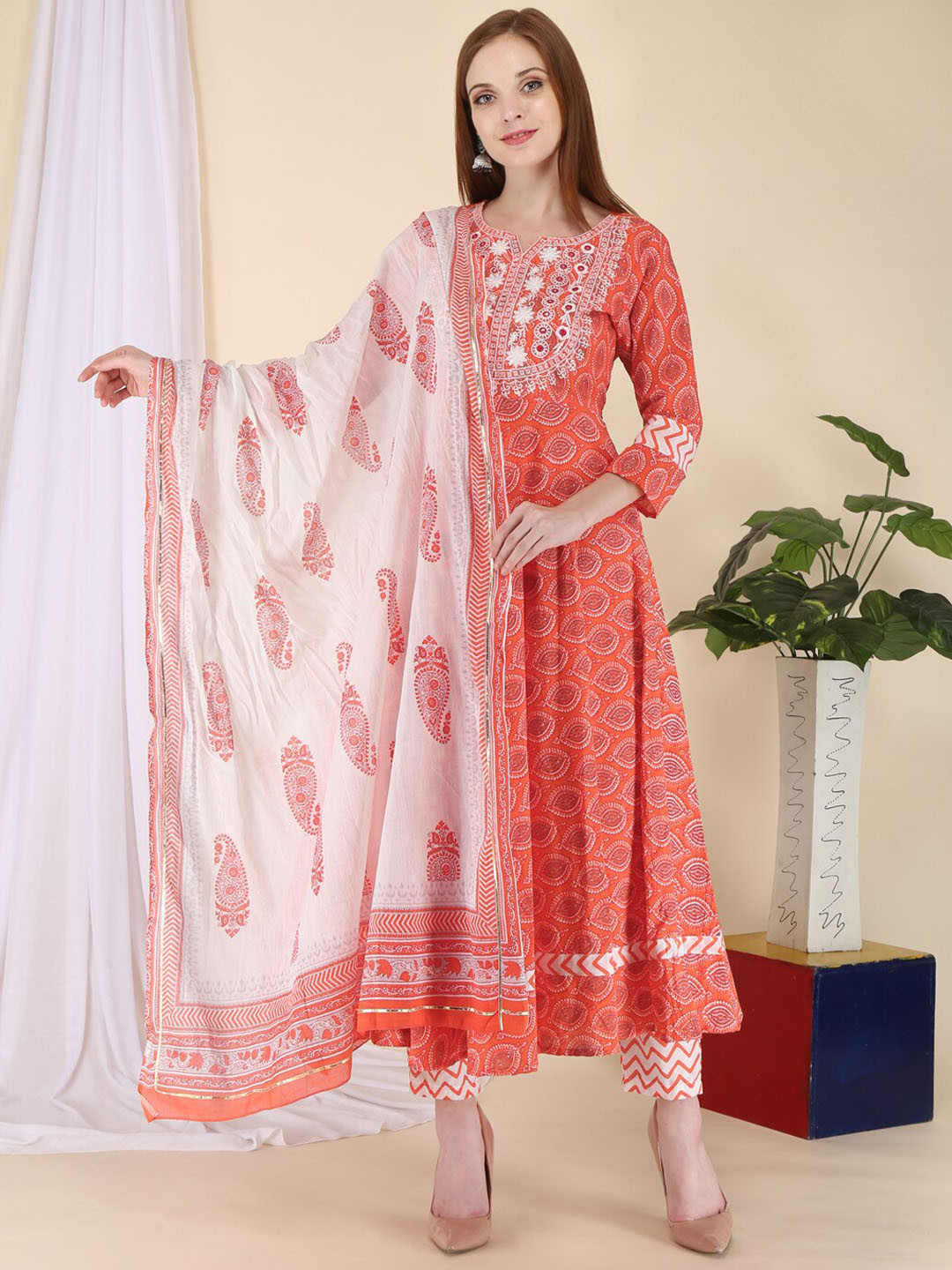 

KALINI Women Peach-Coloured Ethnic Motifs Embroidered Mirror Work Pure Cotton Kurta with Trousers & With