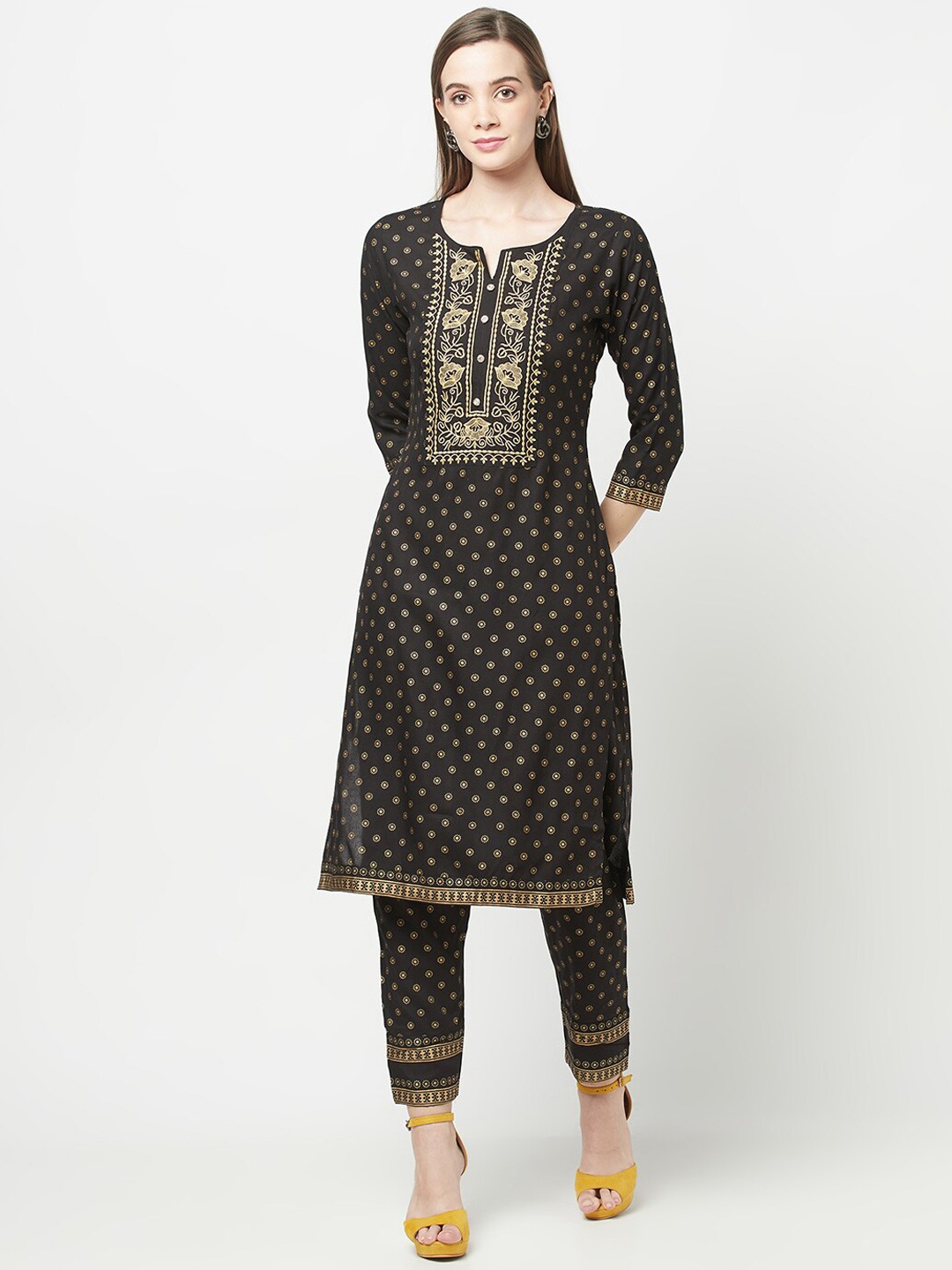 

KALINI Women Black Ethnic Motifs Embroidered Thread Work Kurta with Trousers