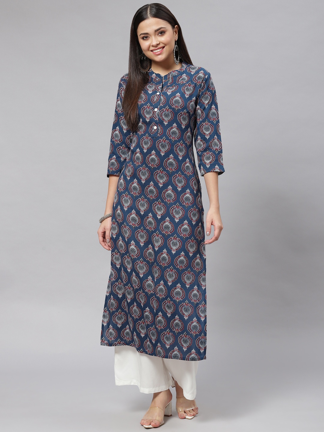 

mokshi Women Blue & Maroon Cotton Ethnic Motifs Print Kurta