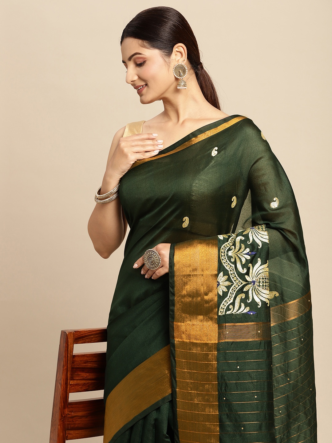 

KALINI Green Solid Banarasi Saree