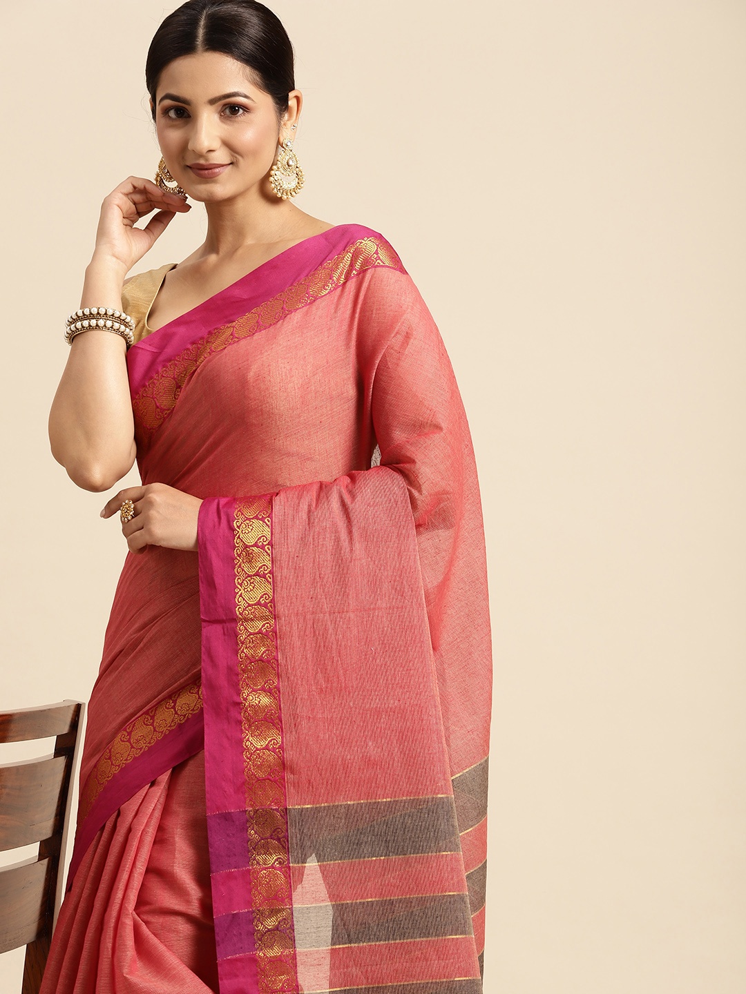 

KALINI Pink Solid Pure Cotton Mangalagiri Saree