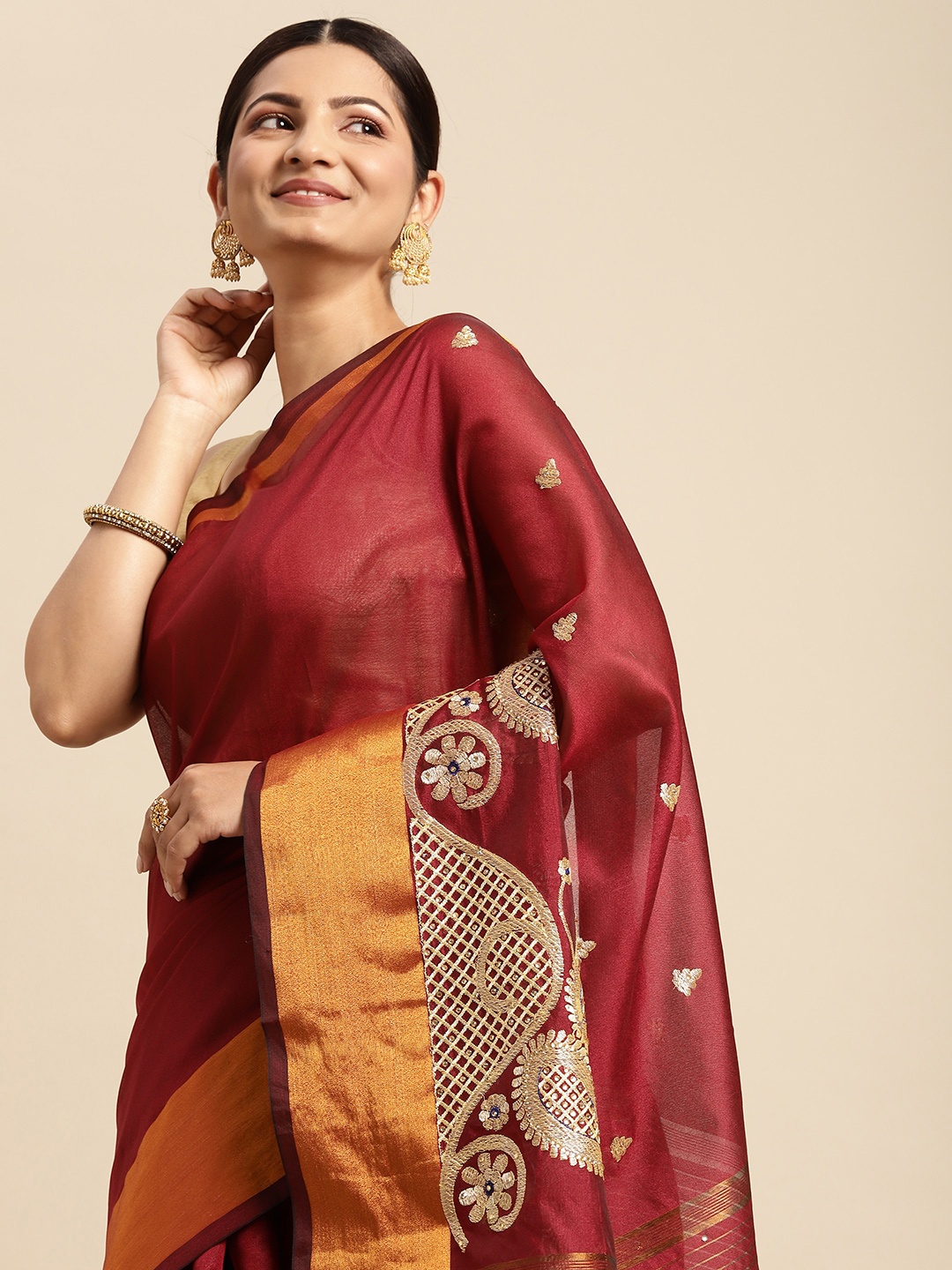 

KALINI Maroon Ethnic Motifs Embroidered Banarasi Saree