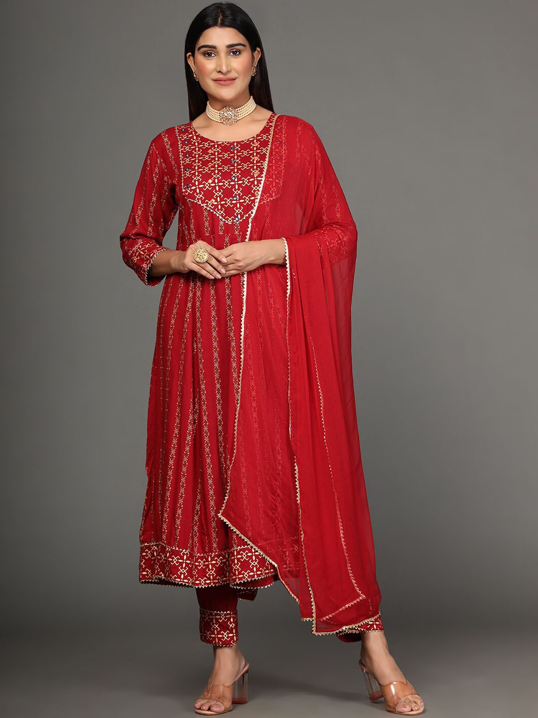 

Ziva Fashion Women Maroon Ethnic Motifs Printed Kurta with Trousers & Dupatta