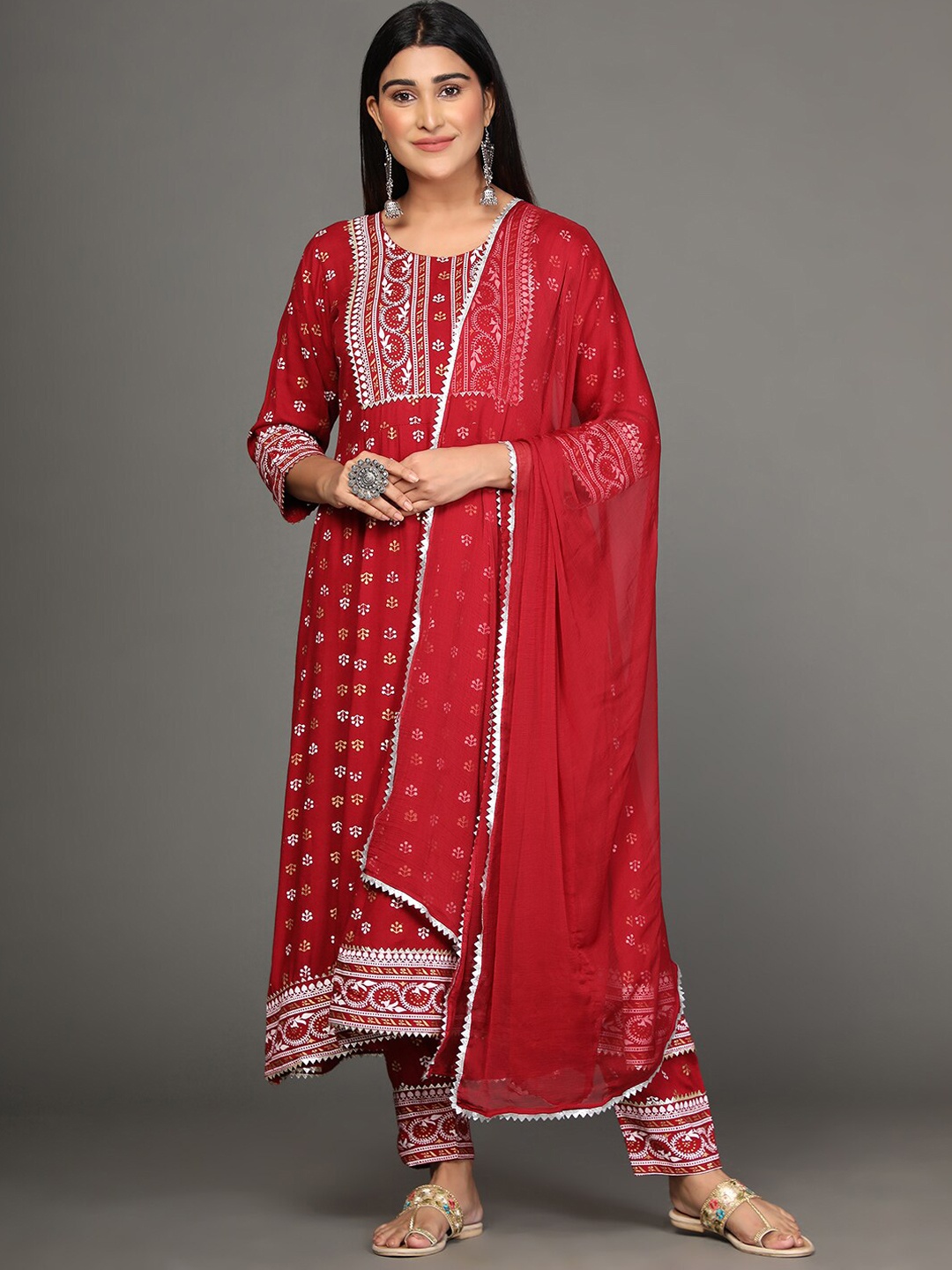 

Ziva Fashion Women Maroon Embroidered Gotta Patti Kurta with Trousers & Dupatta