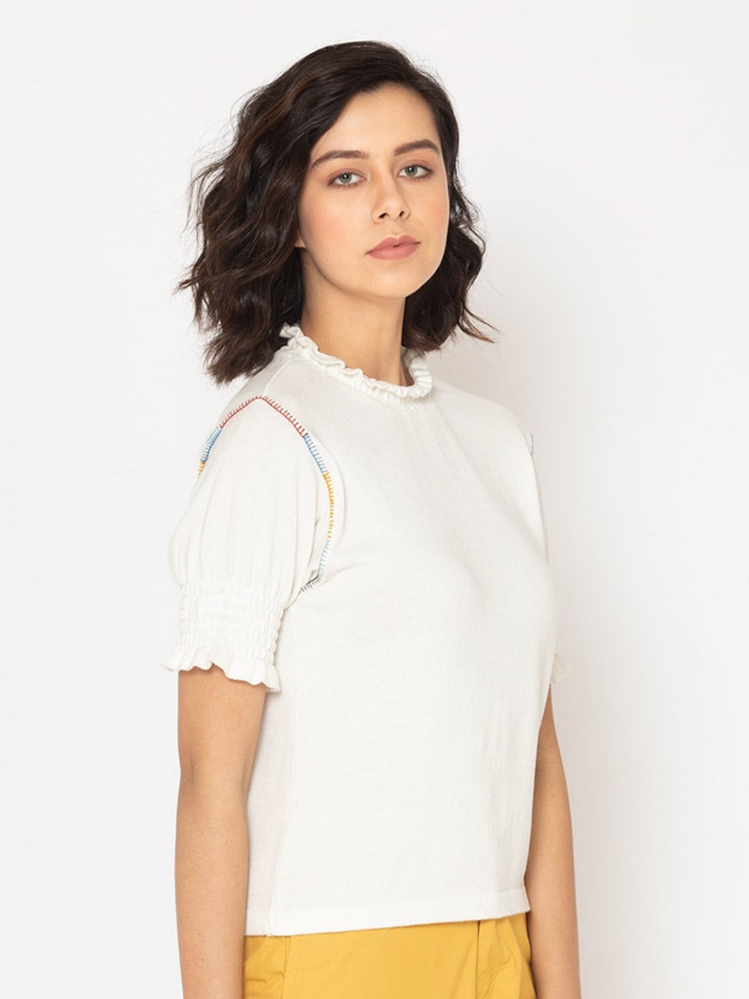 

SHAYE Women White & Yellow Cotton Pullover