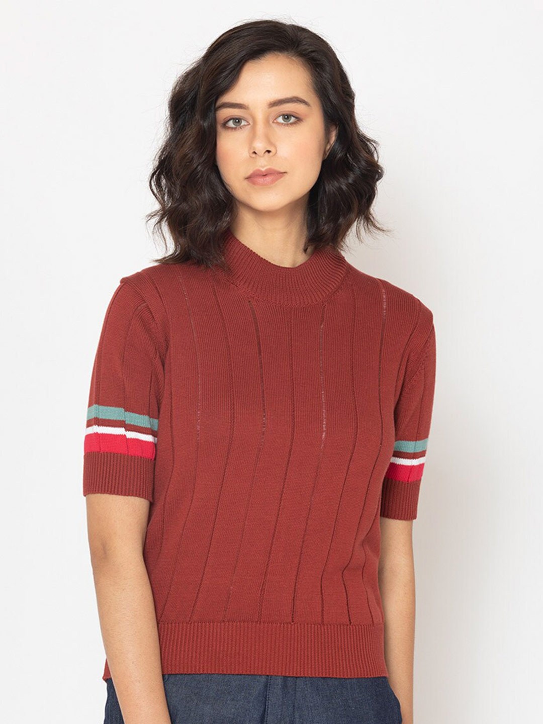 

SHAYE Women Brown & Blue Striped Pullover