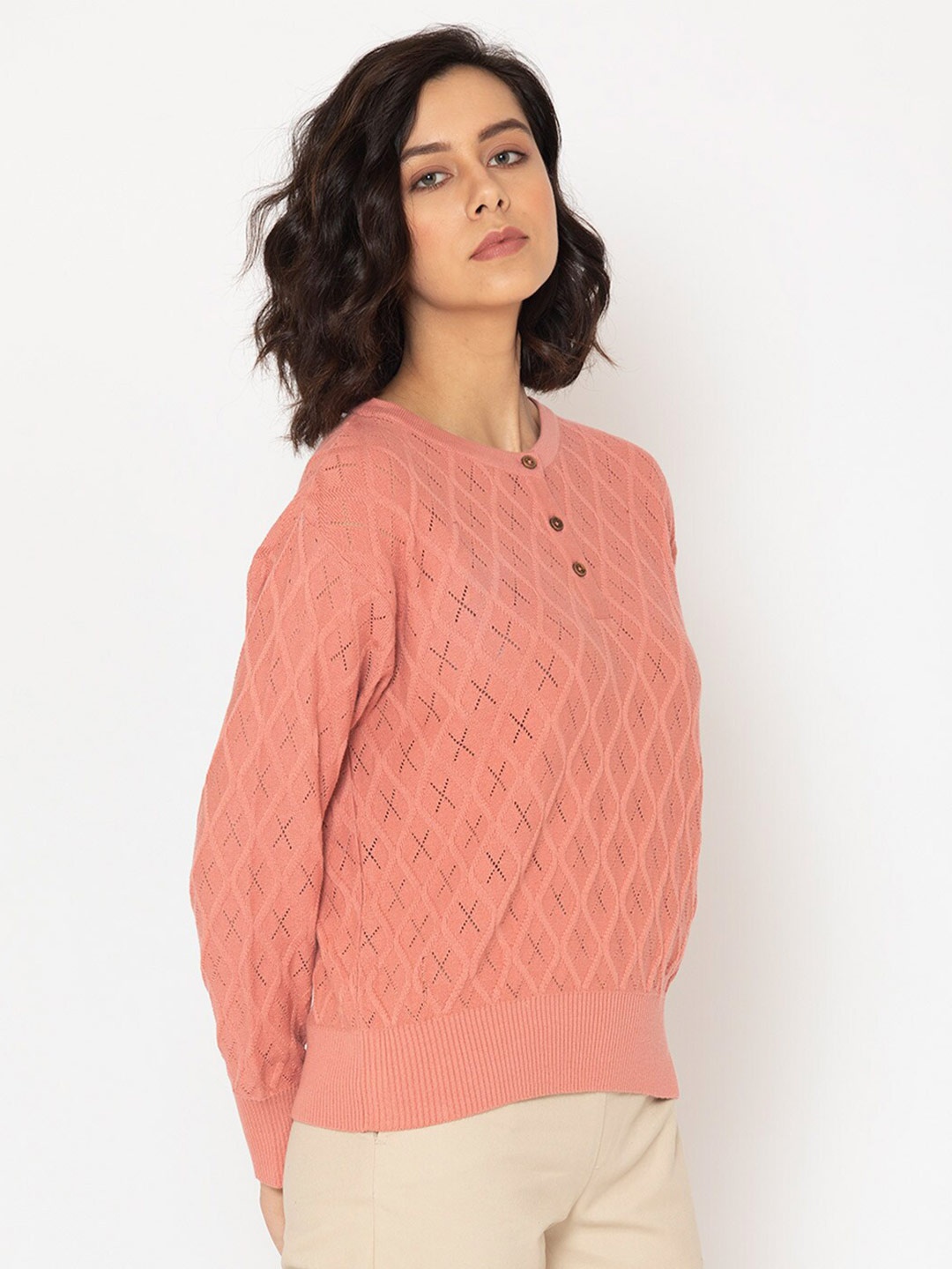 

SHAYE Women Peach-Coloured Open Knit Pullover