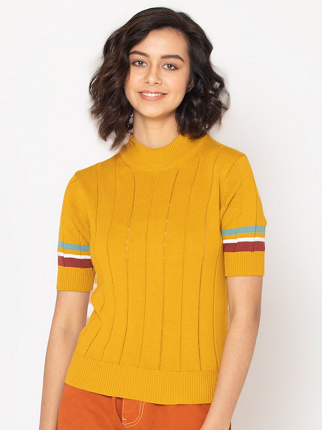 

SHAYE Women Yellow & Brown Striped Pullover