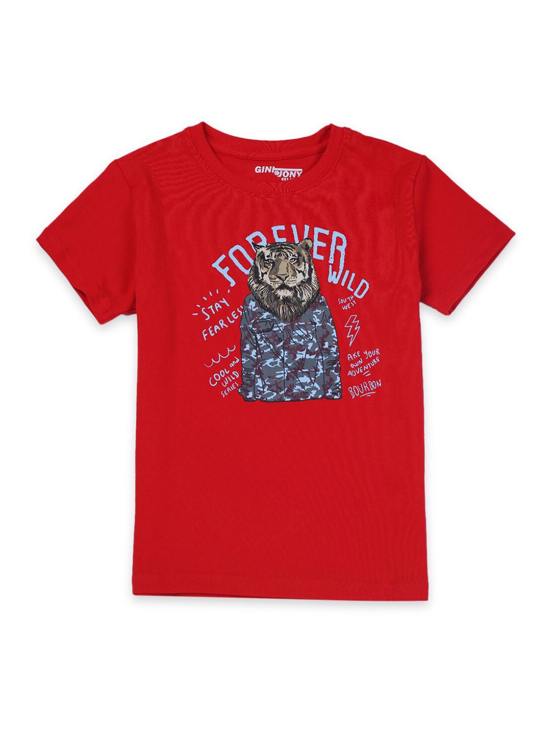 

Gini and Jony Boys Red Cotton Printed Typography T-shirt