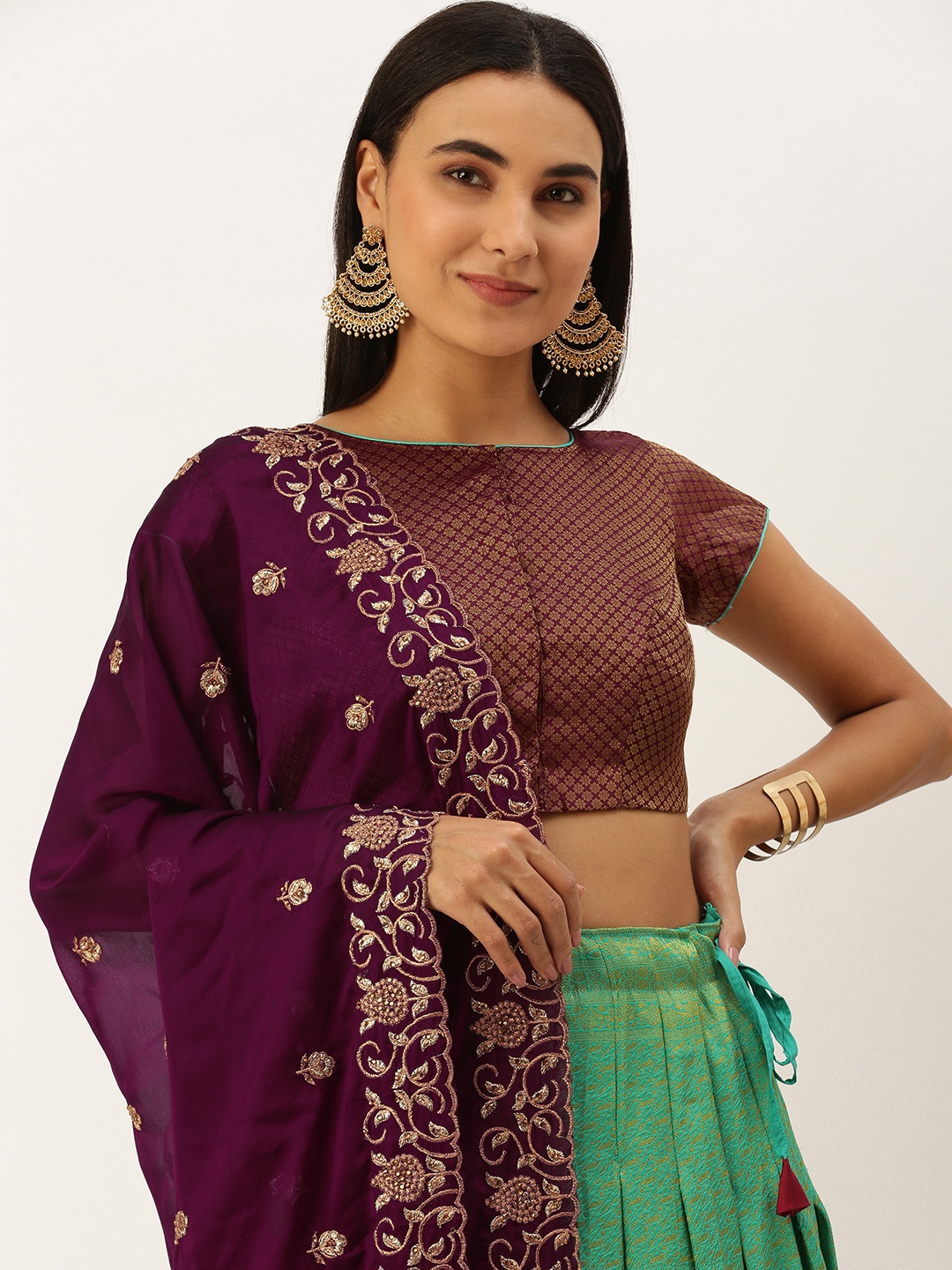 

Pothys Women Green & Purple Woven Design Unstitched Lehenga & Blouse With Dupatta